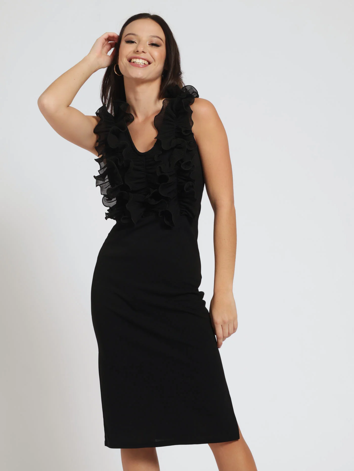Midi Ruffle Front Combo Dress - Black - Image 2
