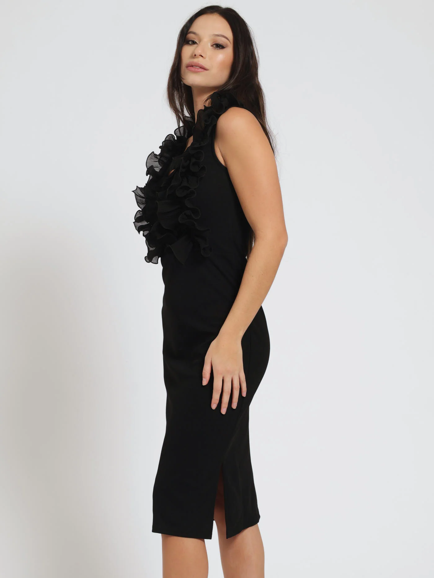 Midi Ruffle Front Combo Dress - Black - Image 3