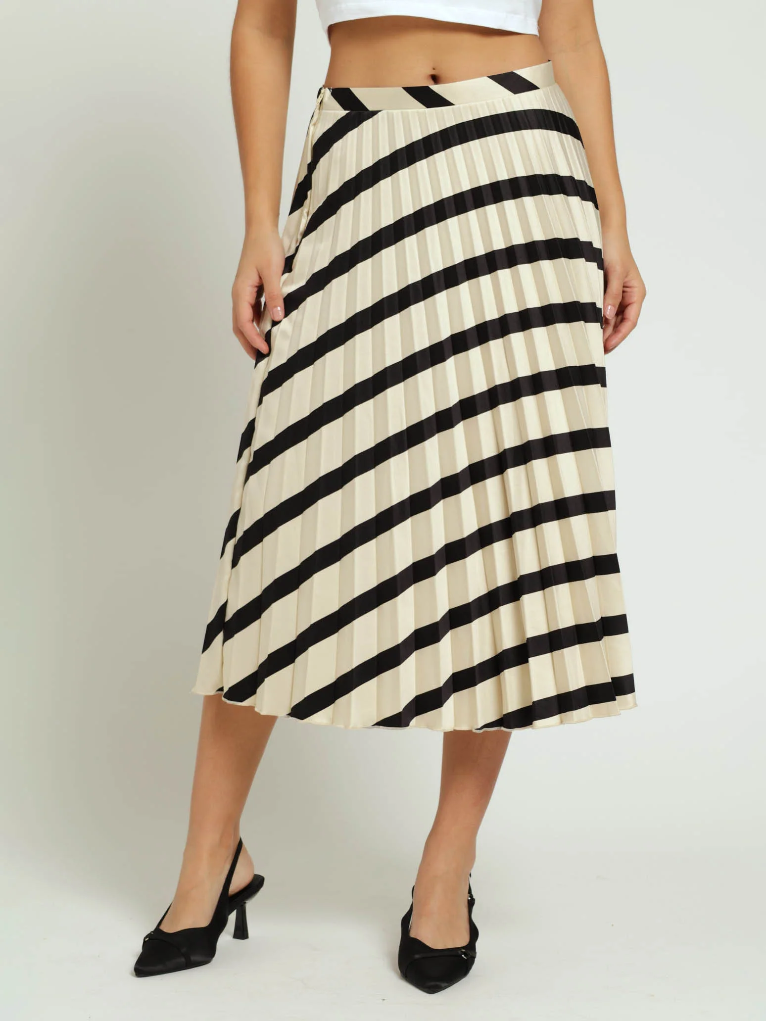 Midi Stripe Pleated Skirt - Black/Cream