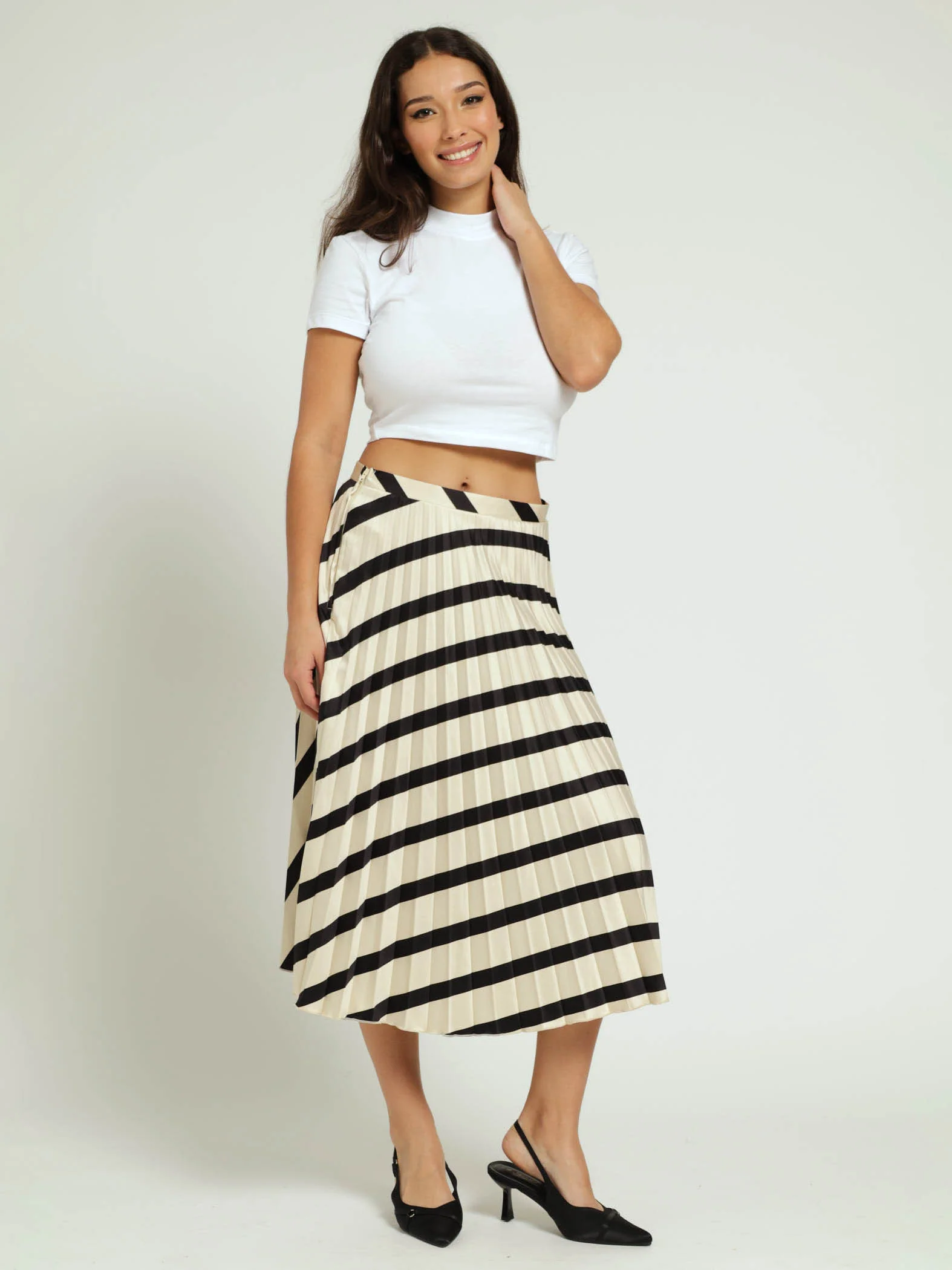 Midi Stripe Pleated Skirt - Black/Cream - Image 2