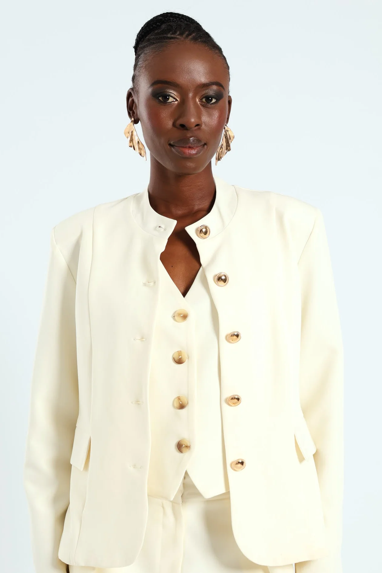 Military Fancy Button Blazer - White