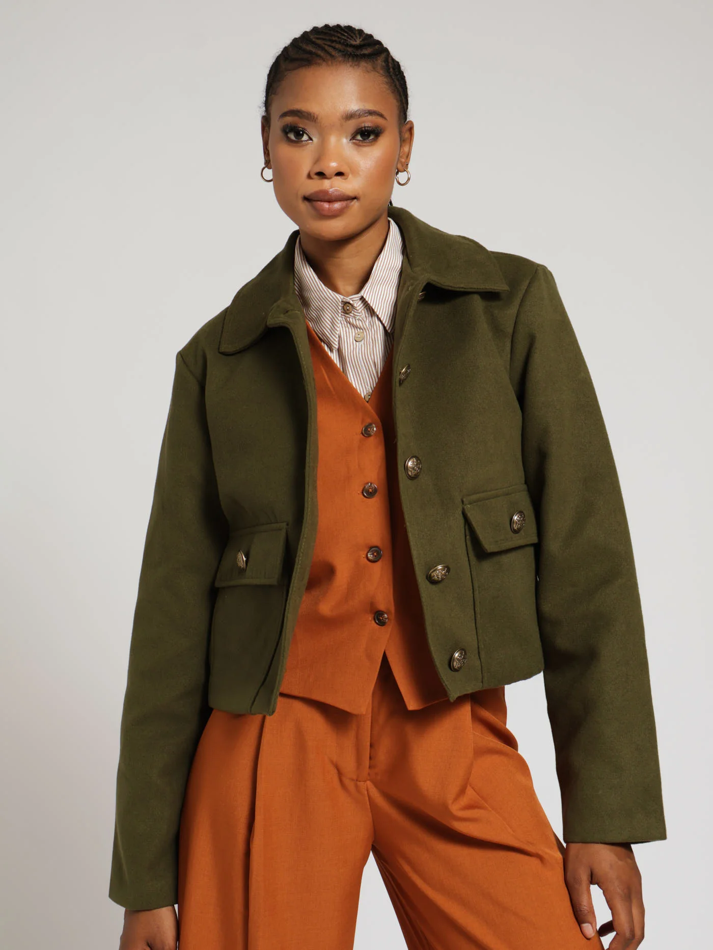 Military Style Button Detail Cropped Coat - Fatigue