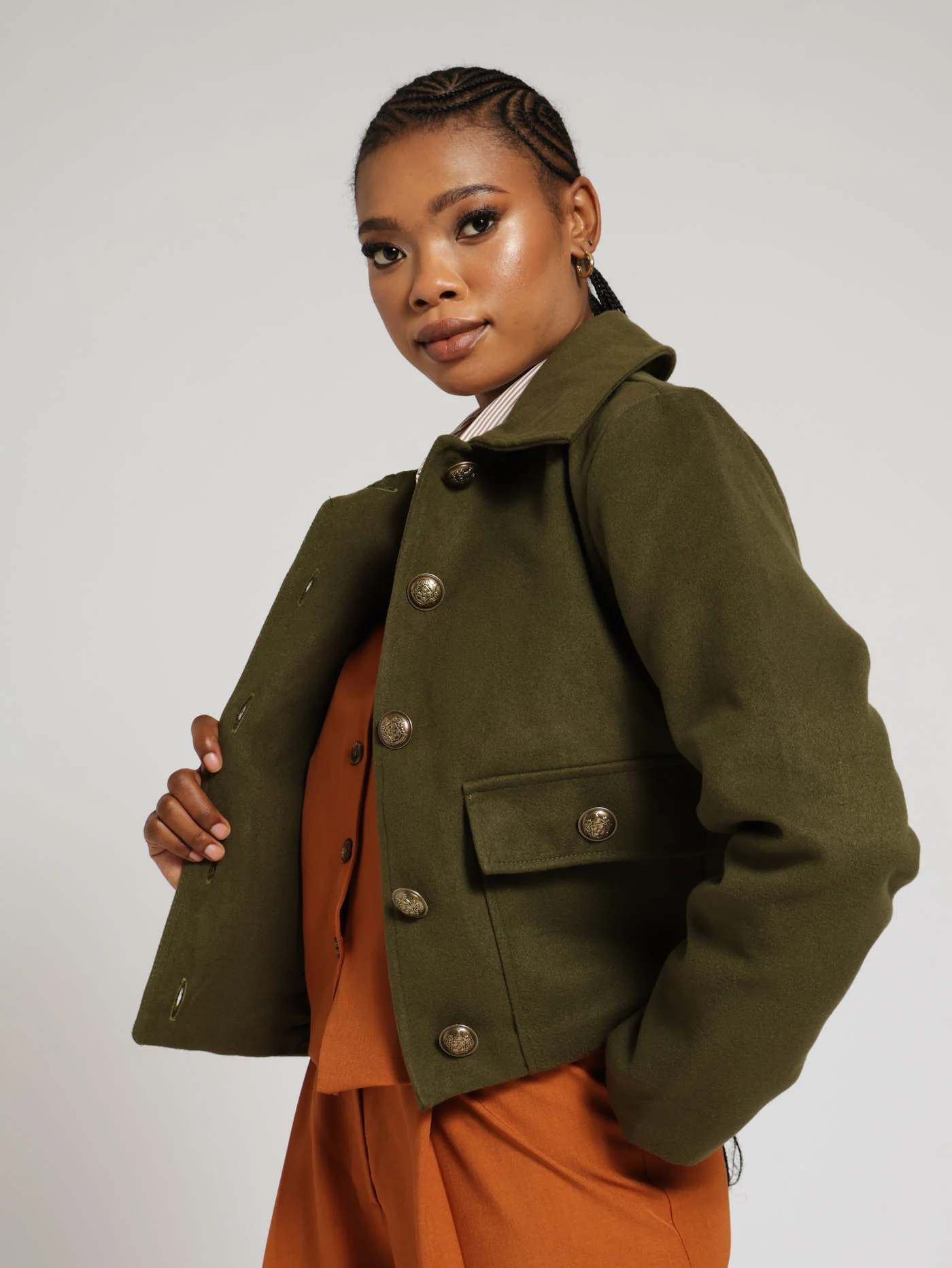 Military Style Button Detail Cropped Coat - Fatigue - Image 2