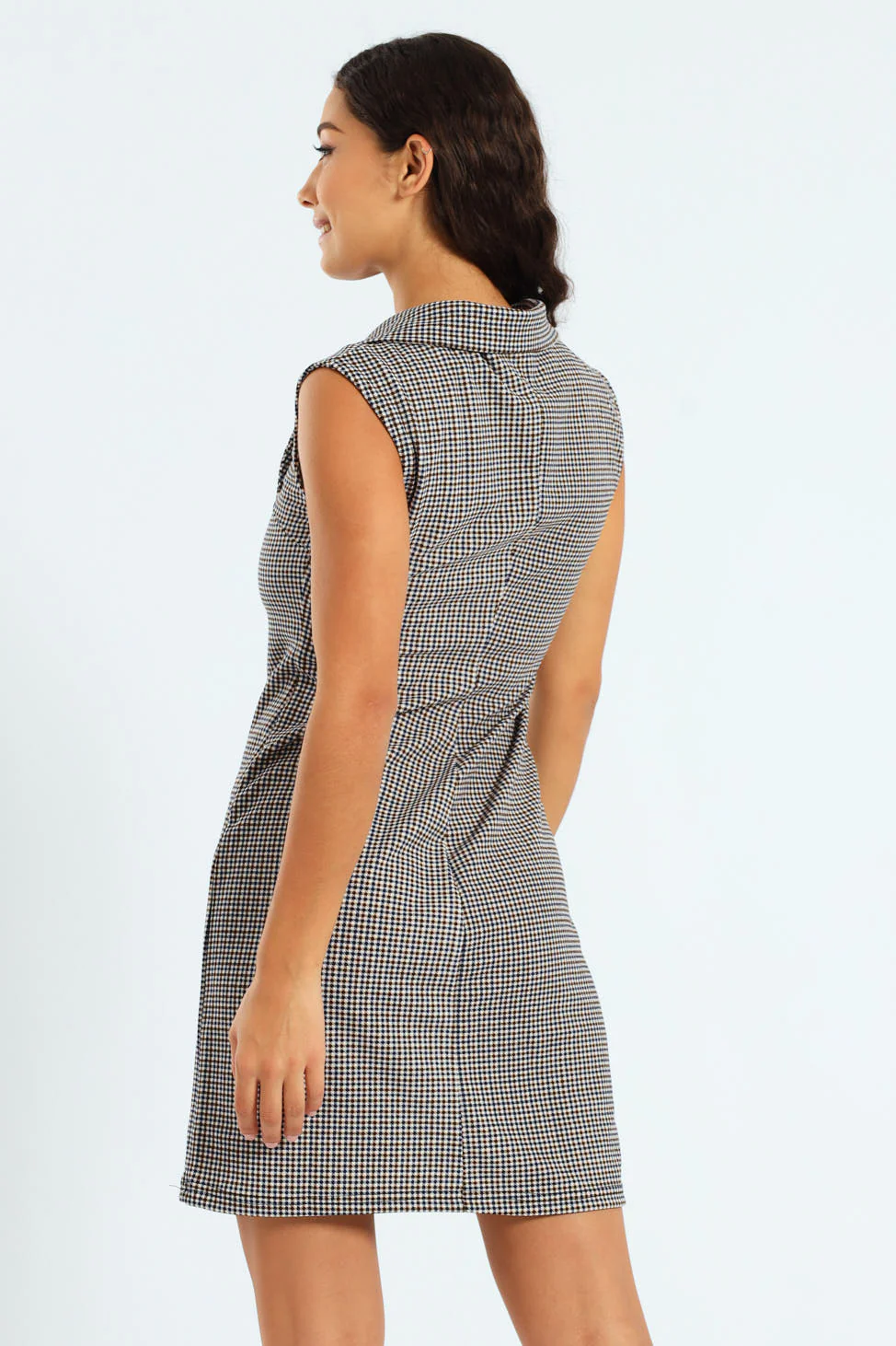 Mini Sleeveless Lapel Dress With Mock Buttons - Check - Image 2