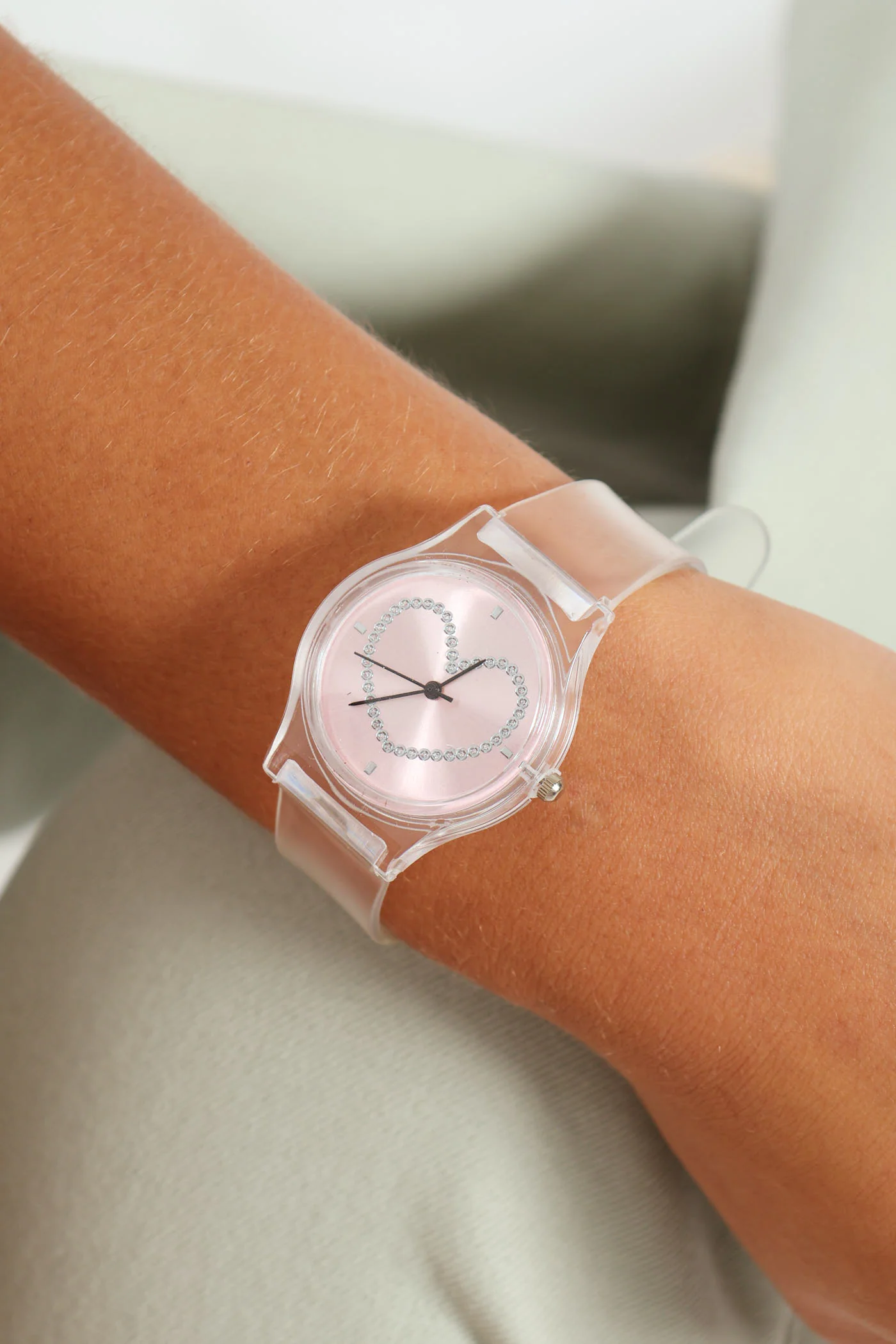 Minimal Diamante Dial Transparent Strap Watch - Pink