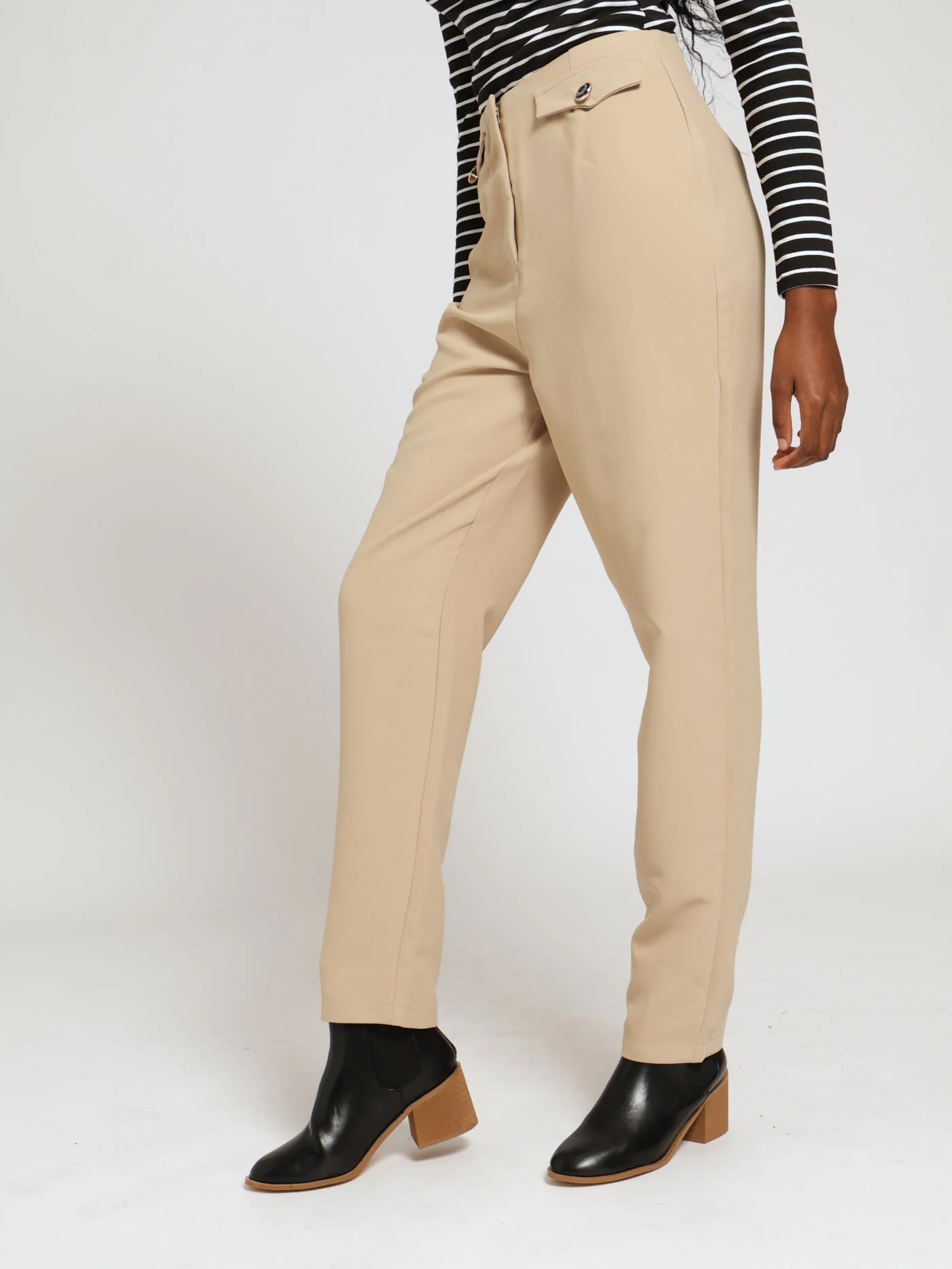 Mock Pocket Flap Button Detail Slimleg Pants - Light Stone - Image 2