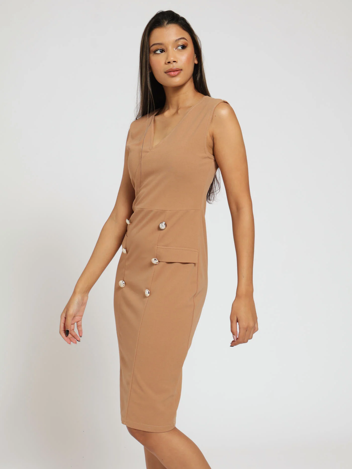 Mock Wrap Blazer Button Detail Dress - Taupe - Image 2