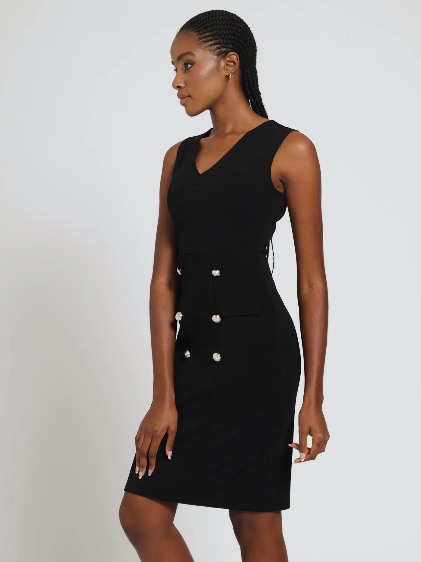 Mock Wrap Blazer Dress With Button Detail - Jet Black - Image 2