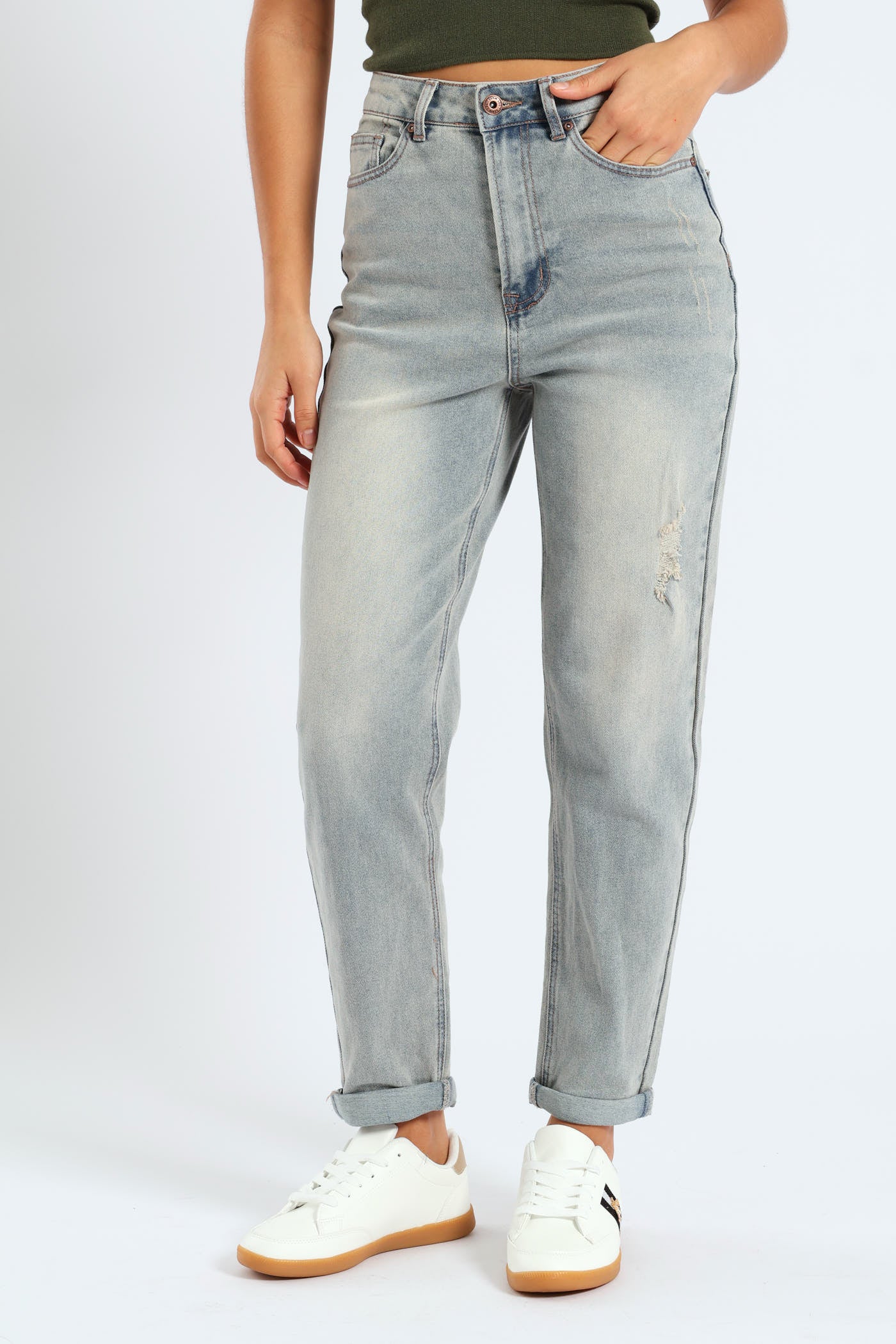 Mom Comfort Straight Abraised Jean - Stonewash