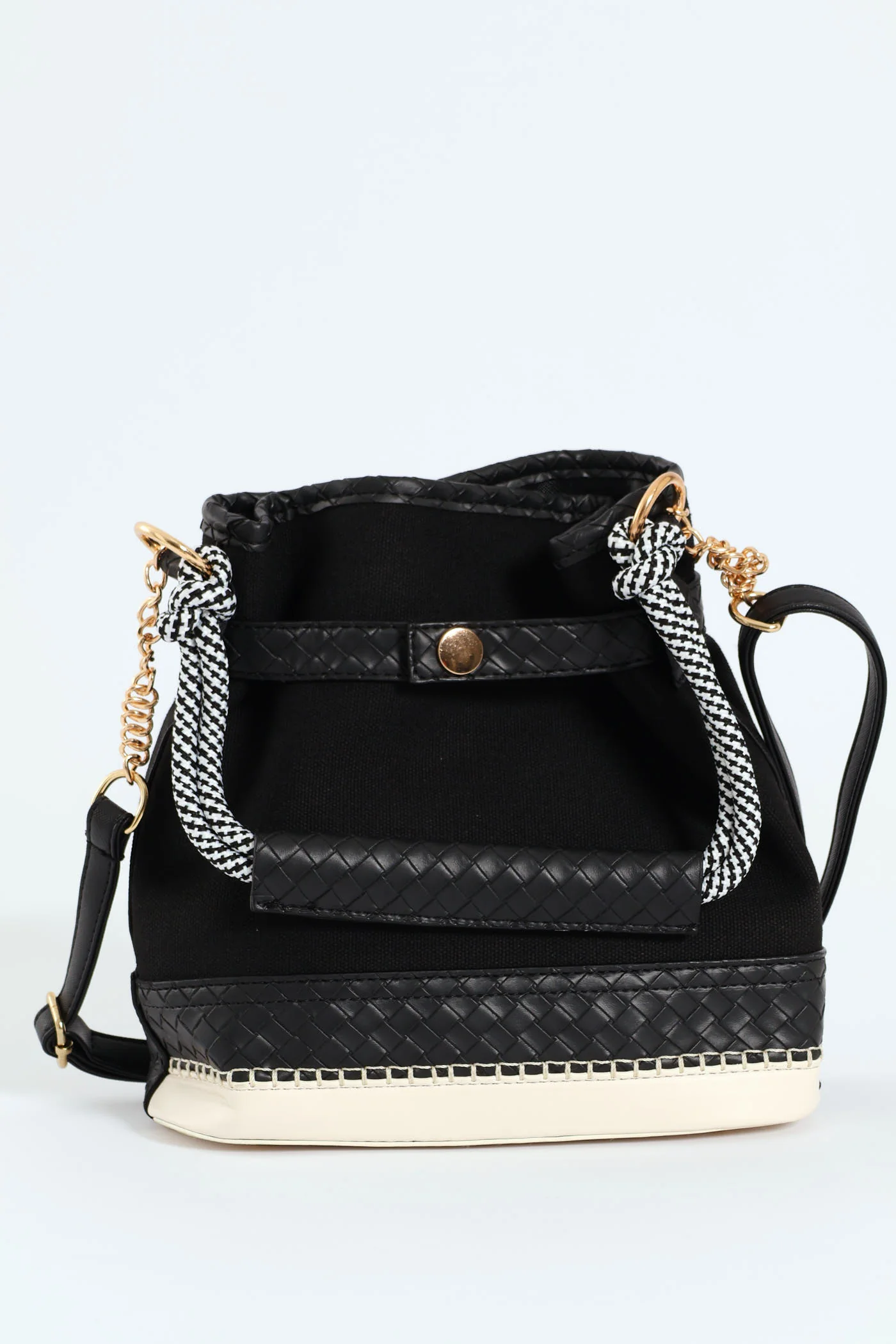 Monochrome Rope Handle Woven Bucket Bag - Black