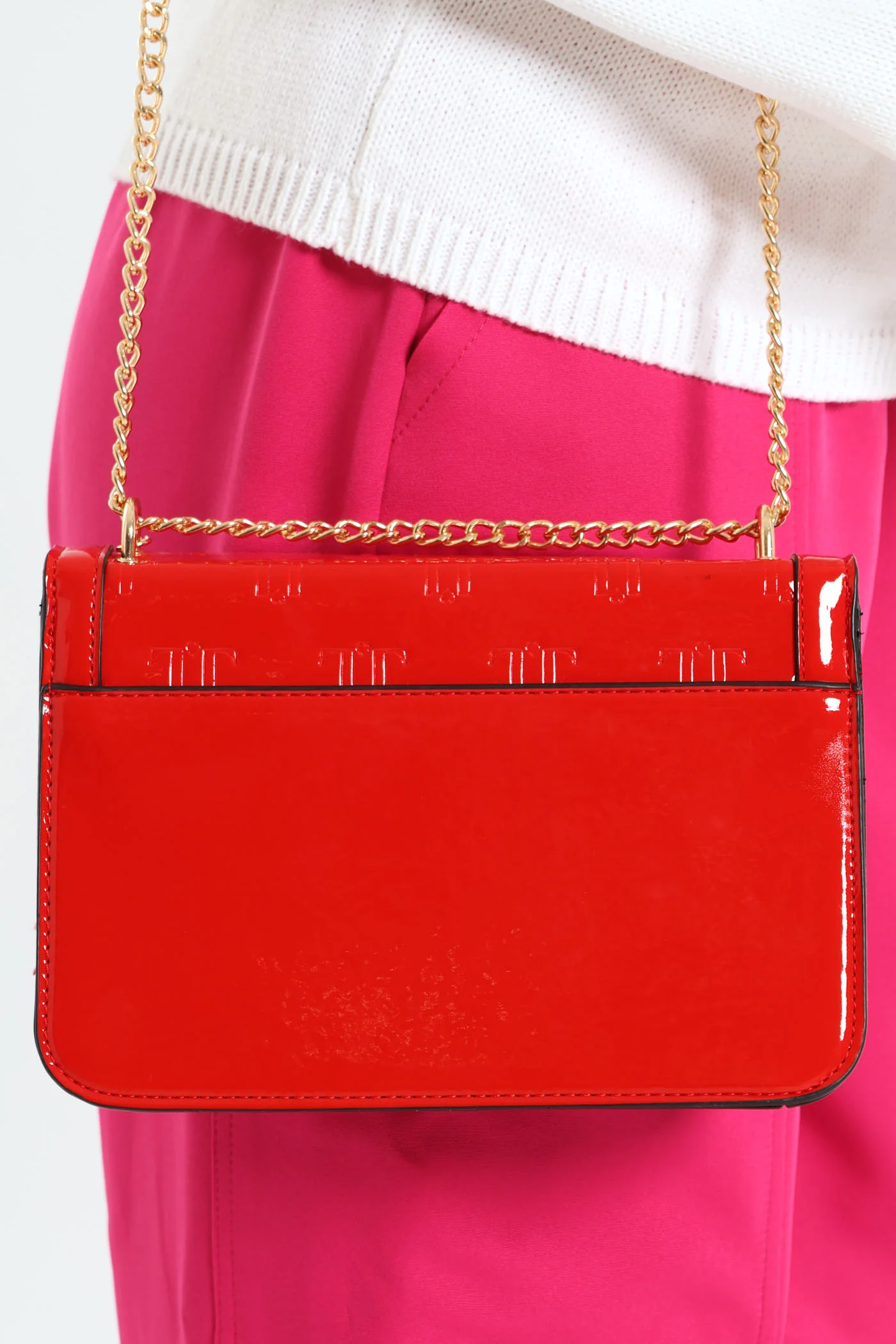 Monogram Embossed Tassel Trim Baguette Bag - Red - Image 4