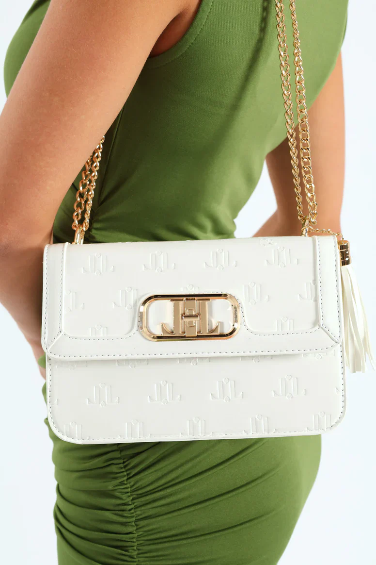 Monogram Embossed Tassel Trim Satchel Bag - White - Image 3