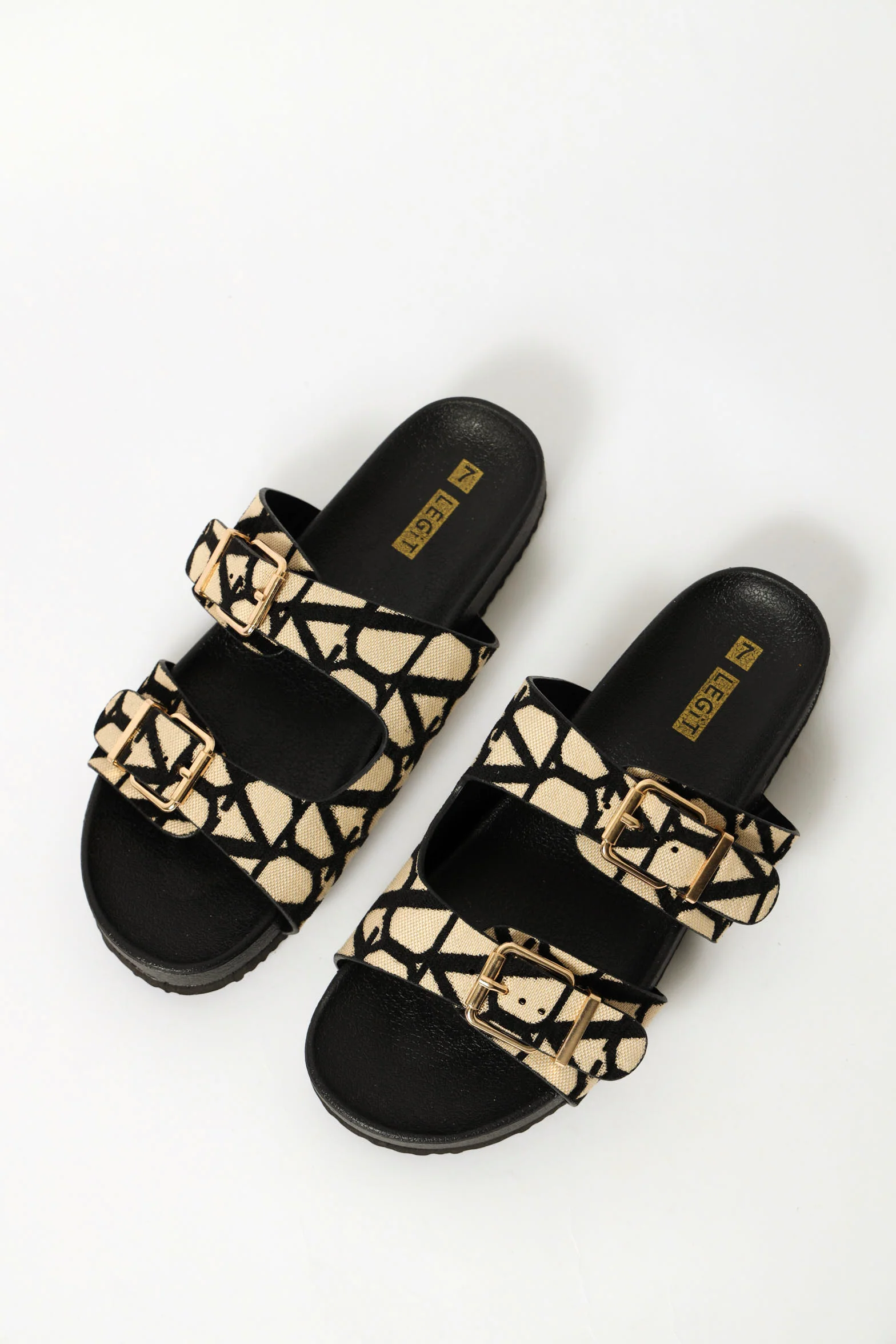 Monogram Print Double Strap Sandal - Black/Beige