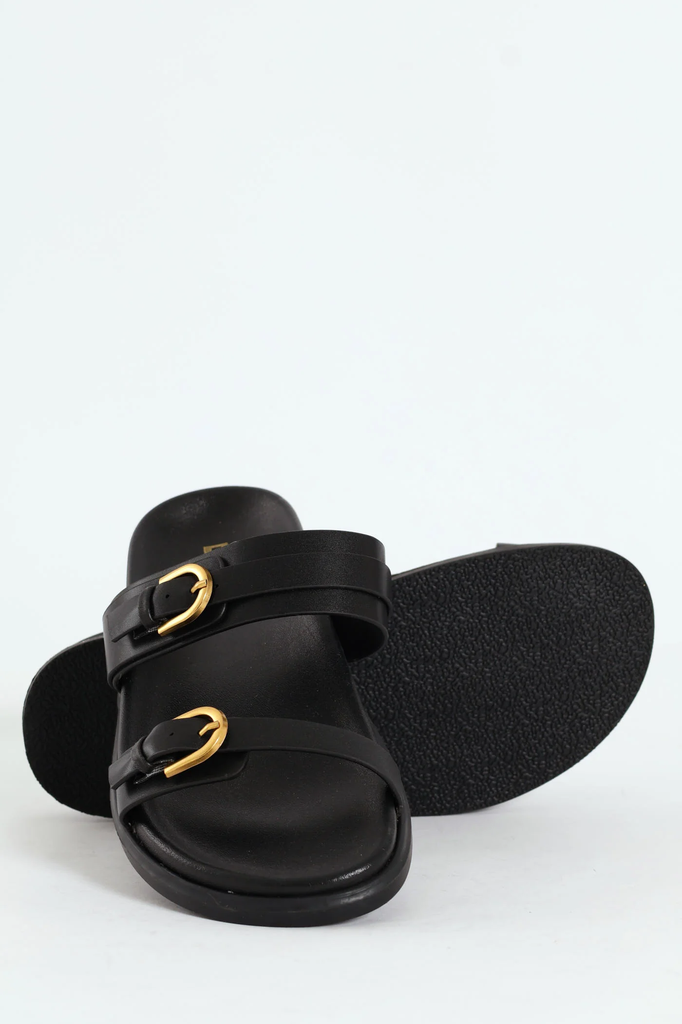 Moulded Buckle Double Strap Sandal - Black - Image 3