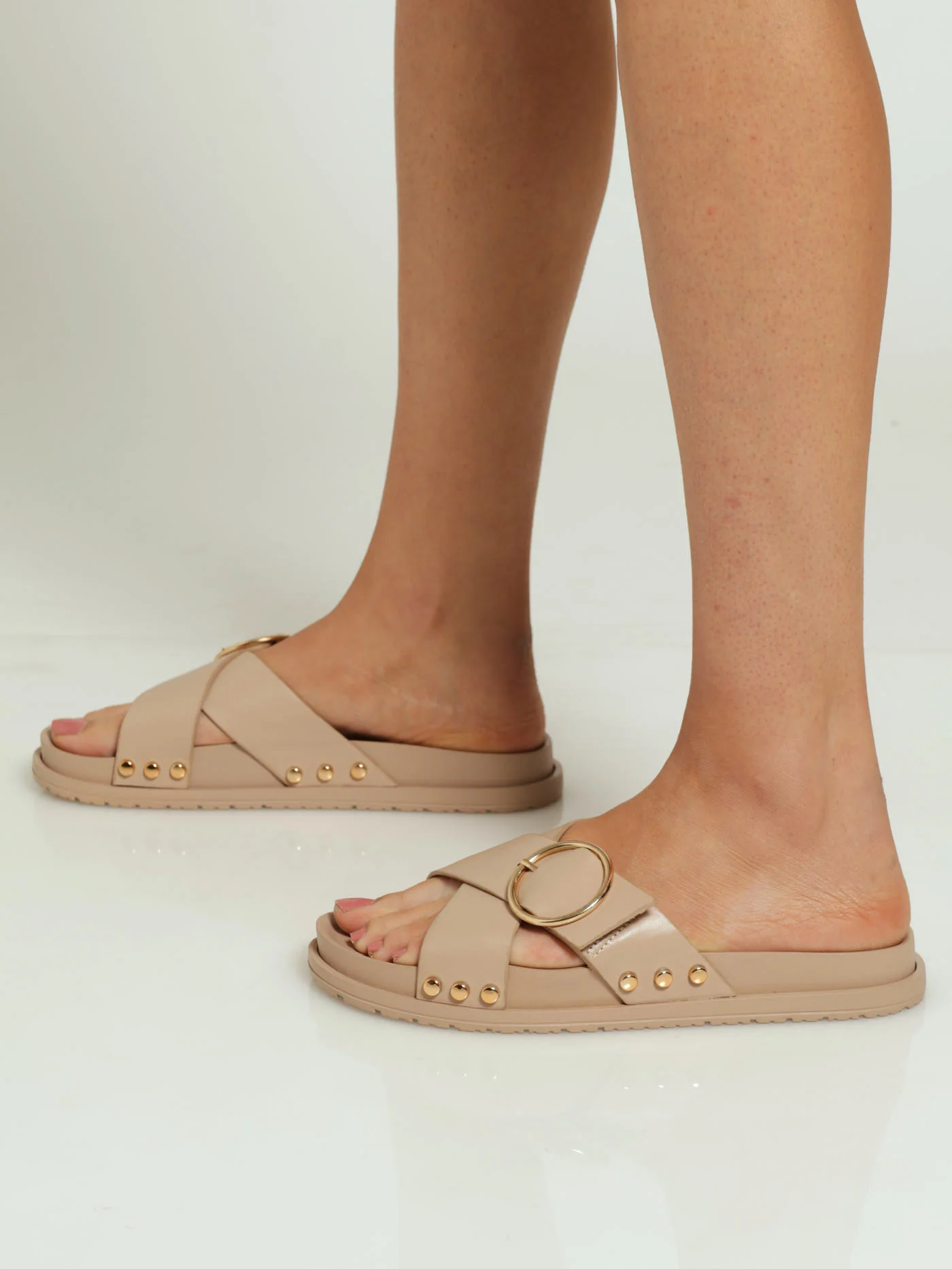 Moulded Criss Cross Mule Sandal With Round Buckle - Taupe - Image 2