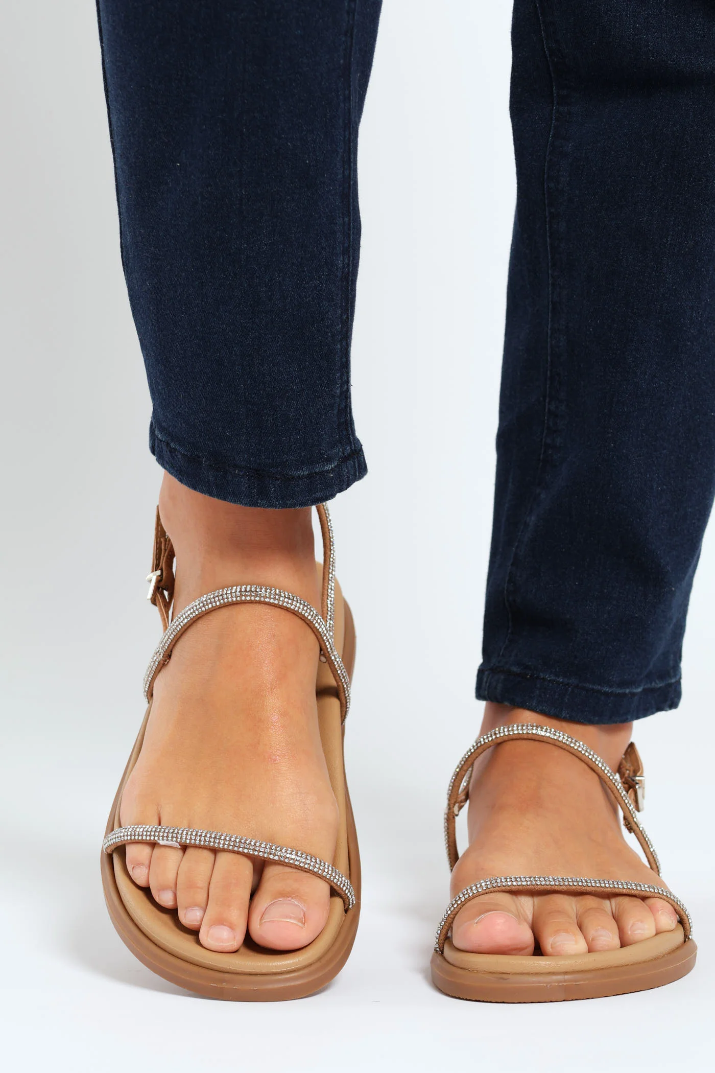 Moulded Double Strap Diamante Mule Sandal With Diamante - Silver