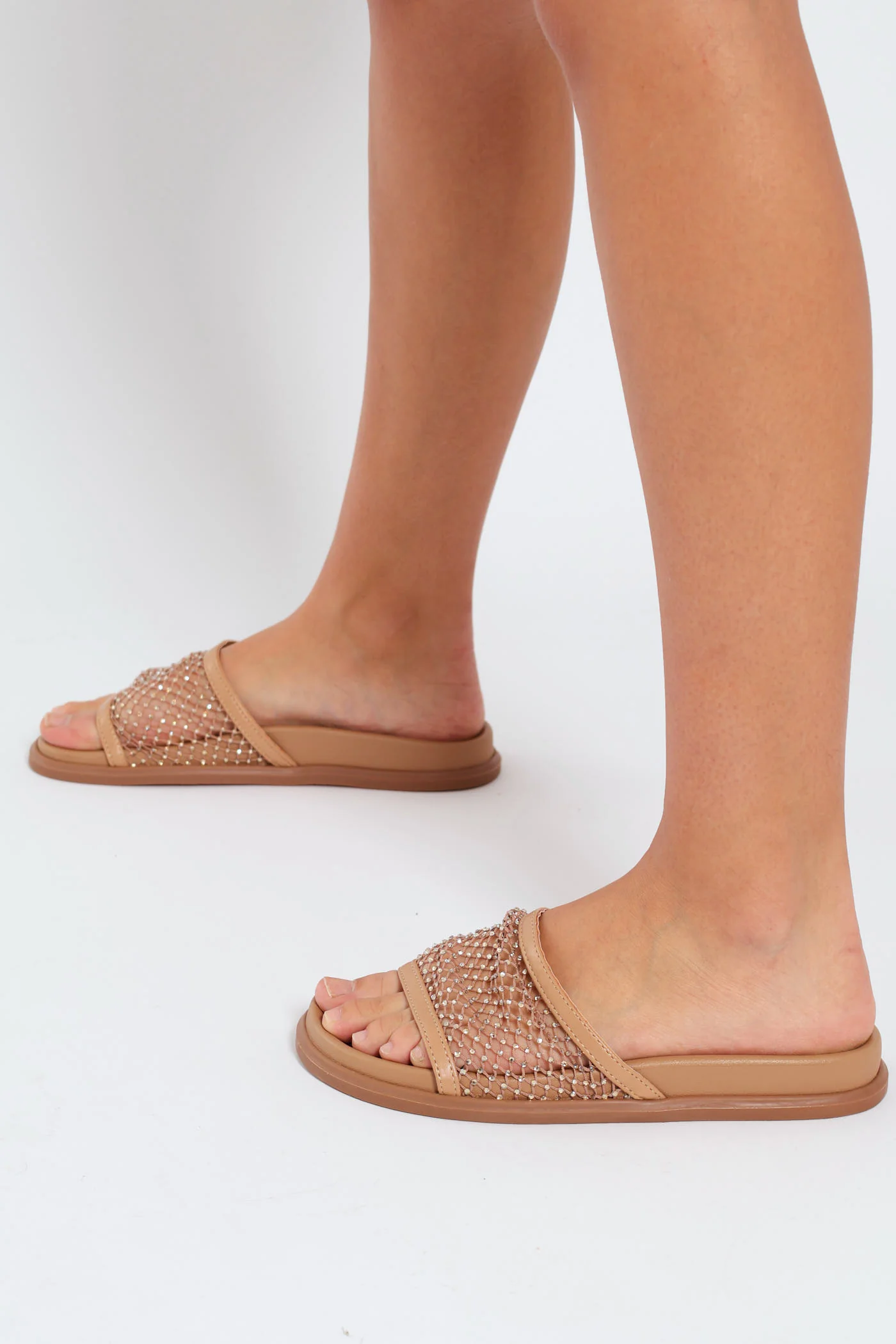 Moulded One Strap Mule Sandal With Mesh Diamante - Beige - Image 2
