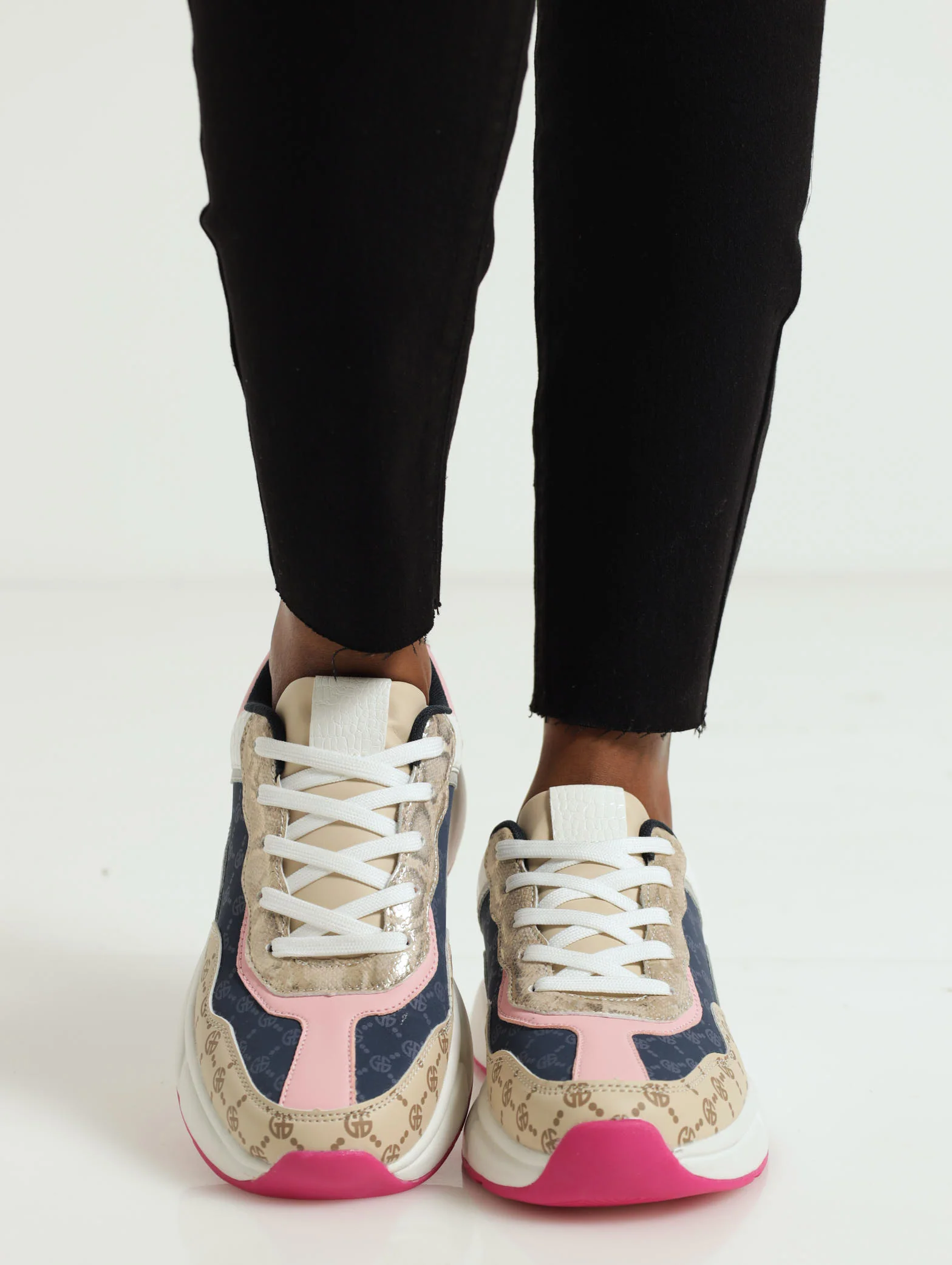 Multi Panel Monogram Trainer With Coloured Sole