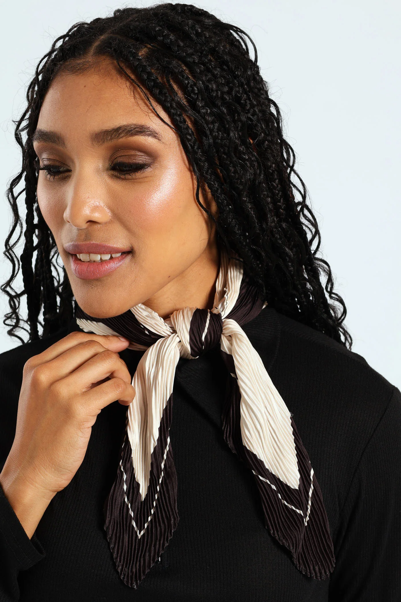 Multi Pleated Square Print Satin Scarf - Cream/Black - Image 3