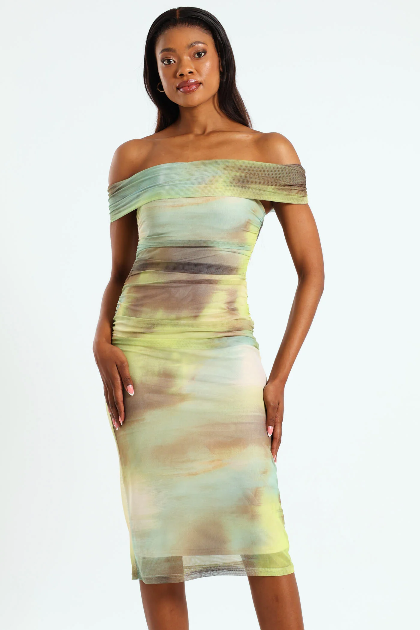 Off The Shoulder Bodycon Dress With Mesh Gauge Detail - Multi