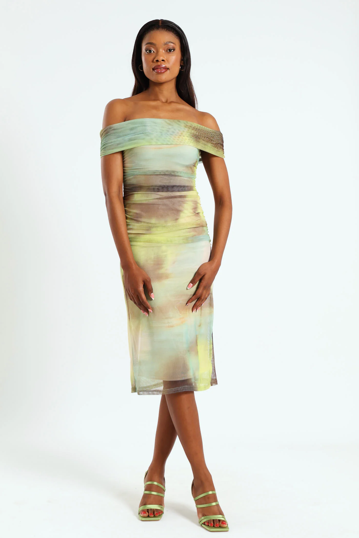 Off The Shoulder Bodycon Dress With Mesh Gauge Detail - Multi - Image 3