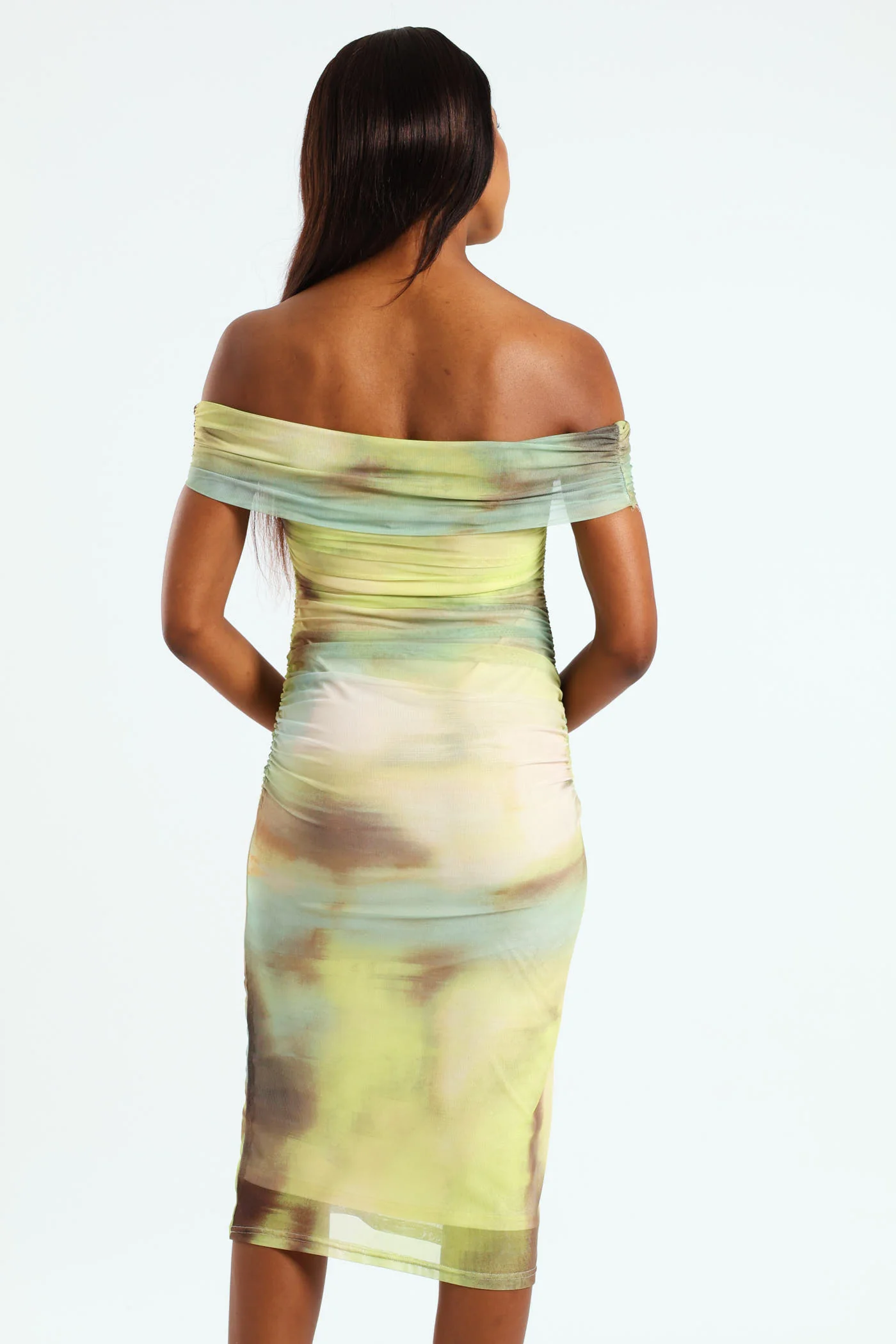 Off The Shoulder Bodycon Dress With Mesh Gauge Detail - Multi - Image 6