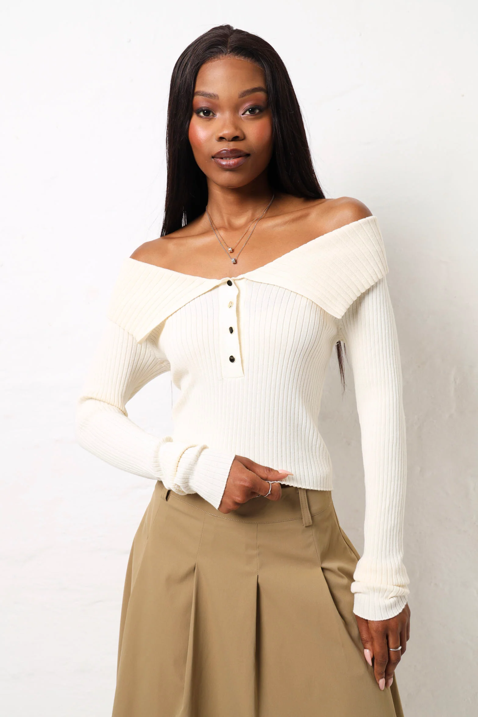 Off The Shoulder Button Detail Knitwear - Stone
