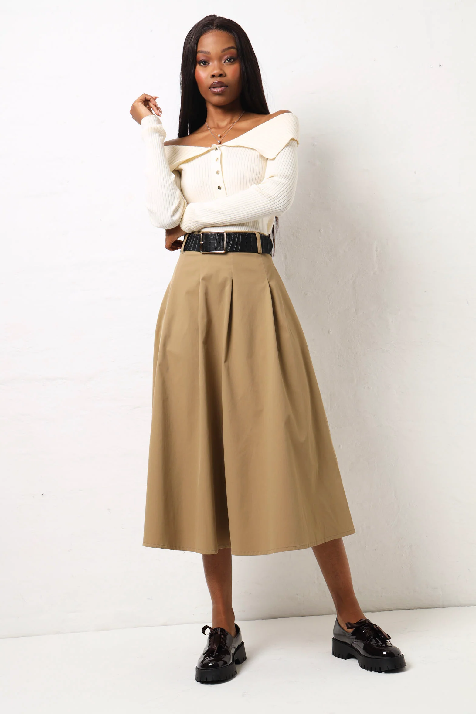 Off The Shoulder Button Detail Knitwear - Stone - Image 2