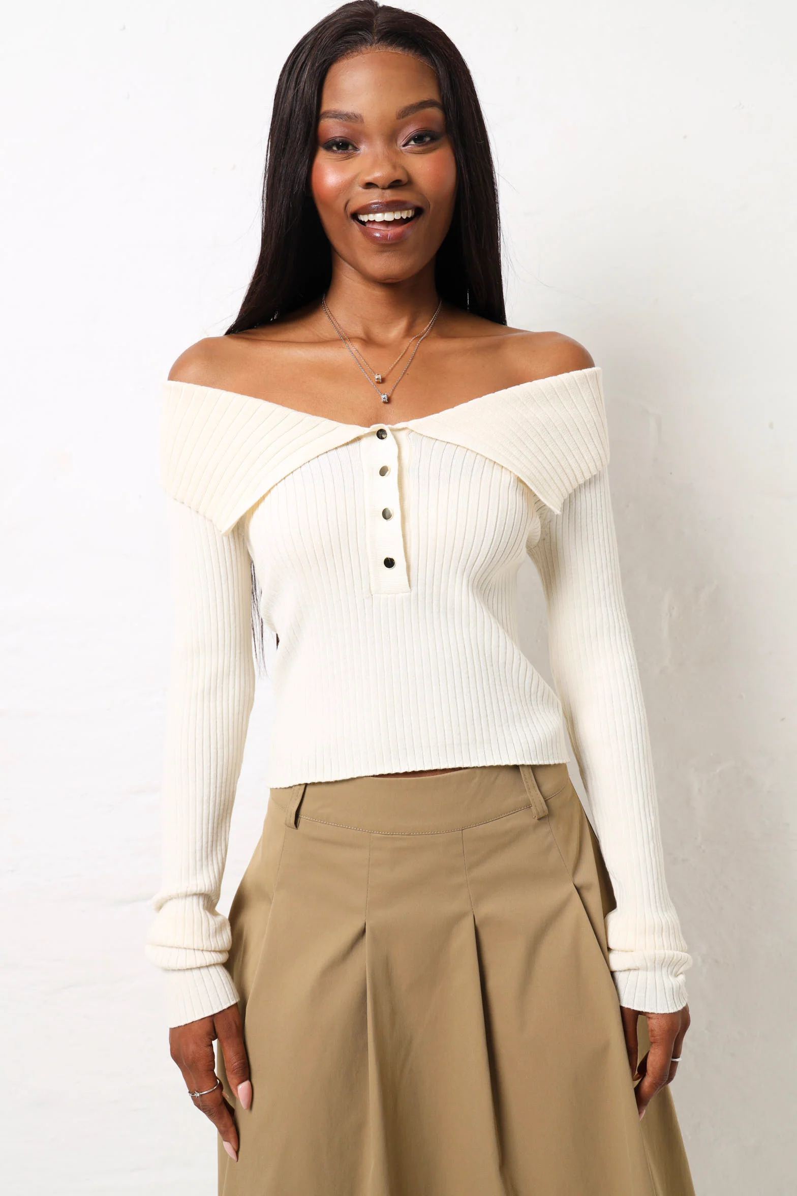 Off The Shoulder Button Detail Knitwear - Stone - Image 5