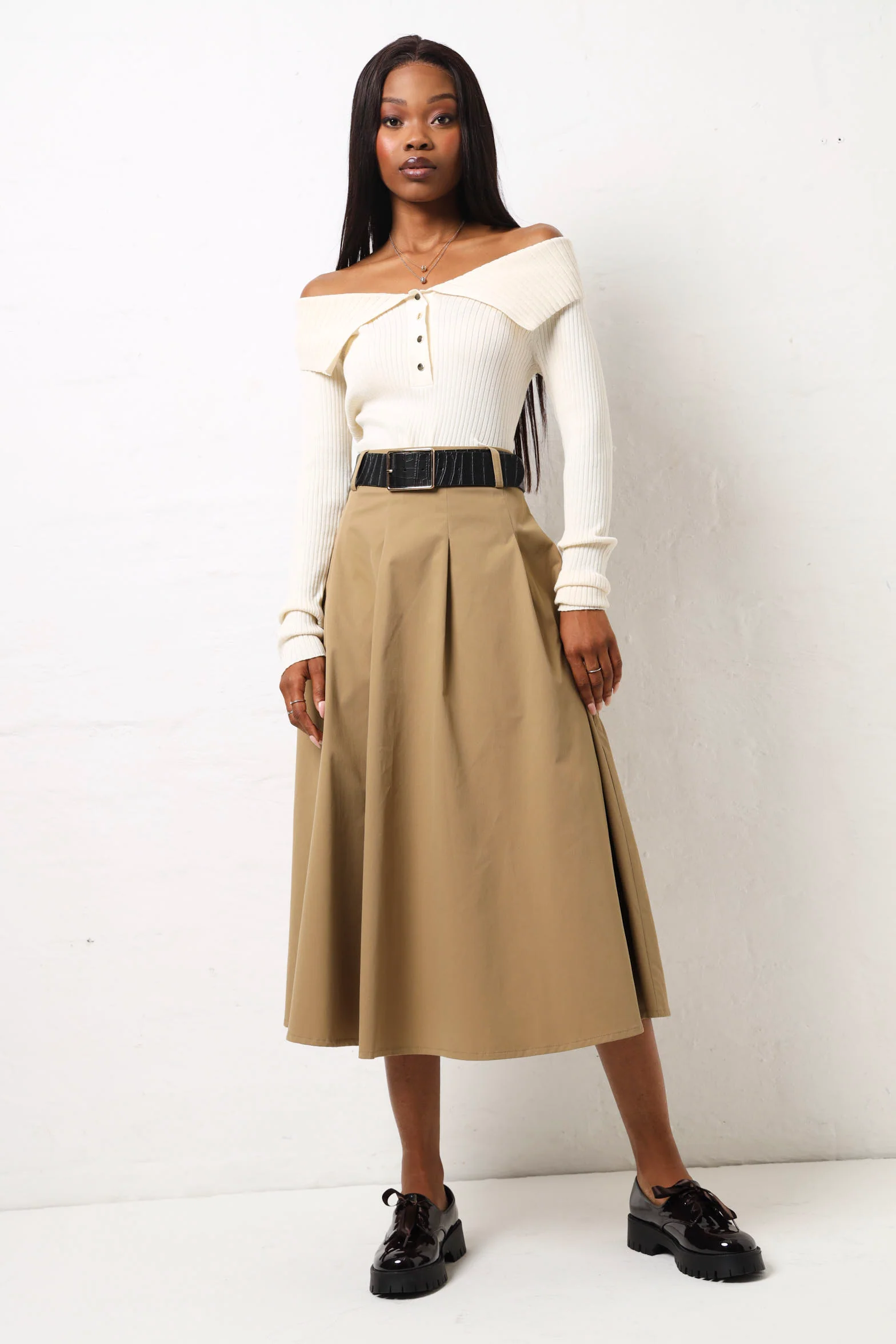 Off The Shoulder Button Detail Knitwear - Stone - Image 6