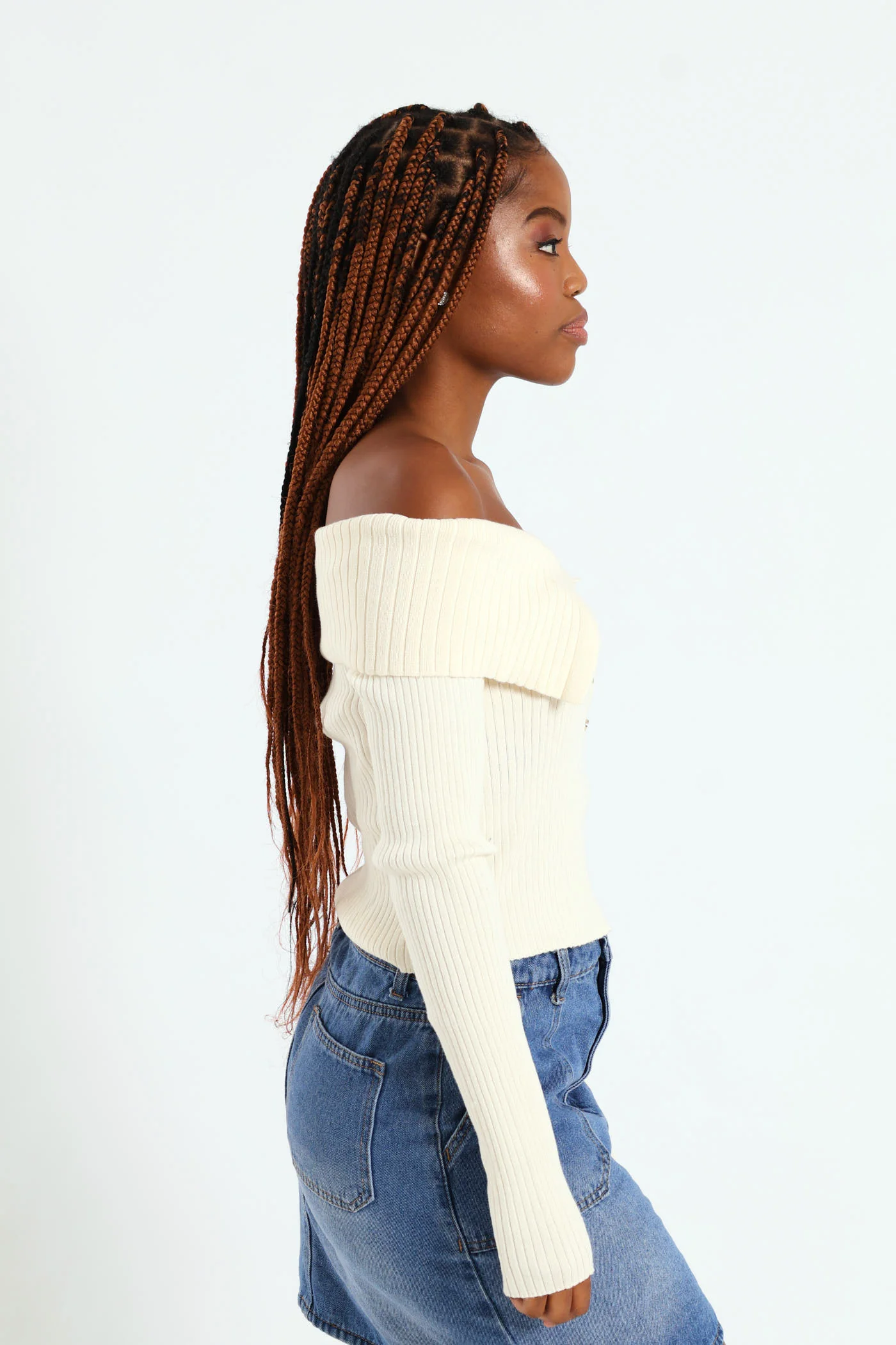 Off The Shoulder Button Front Top - Stone - Image 2