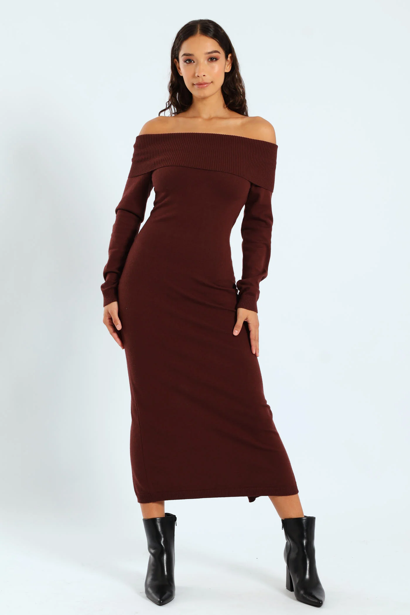 Off The Shoulder Knitwear Dress - Brown
