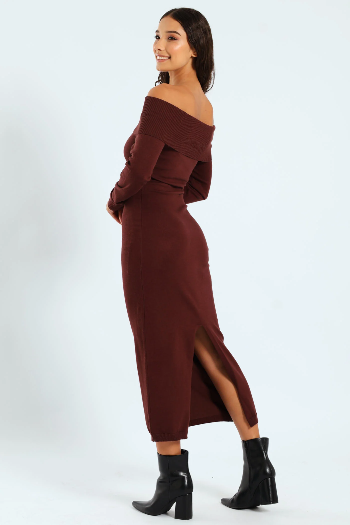 Off The Shoulder Knitwear Dress - Brown - Image 2