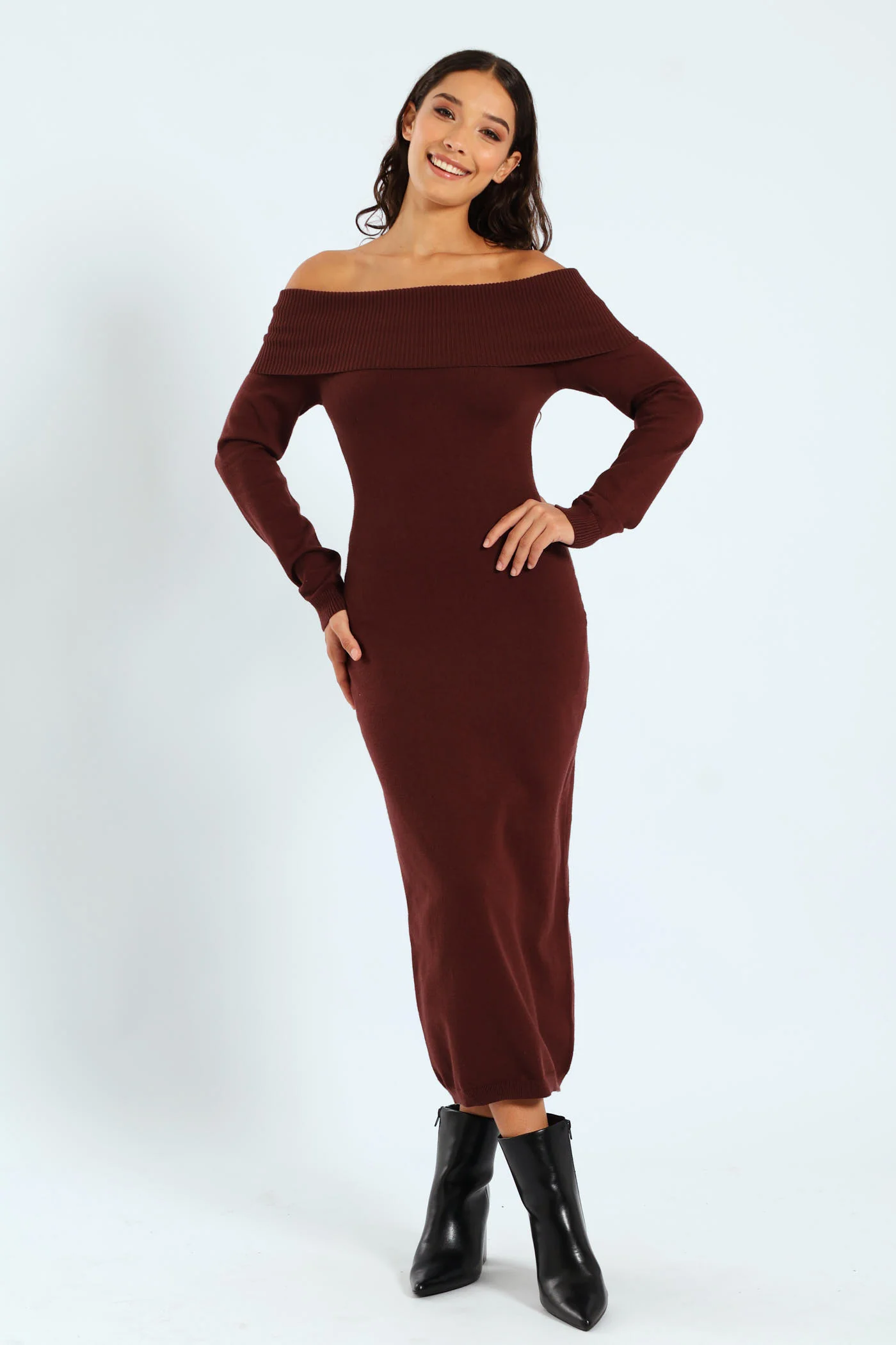 Off The Shoulder Knitwear Dress - Brown - Image 4