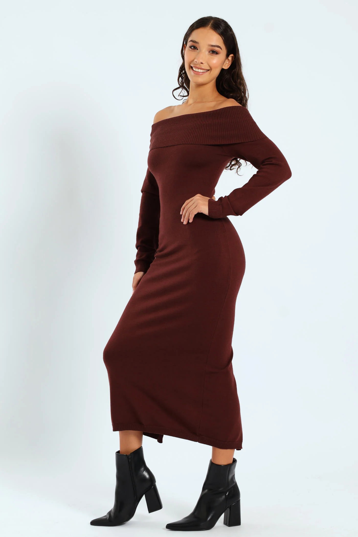Off The Shoulder Knitwear Dress - Brown - Image 5