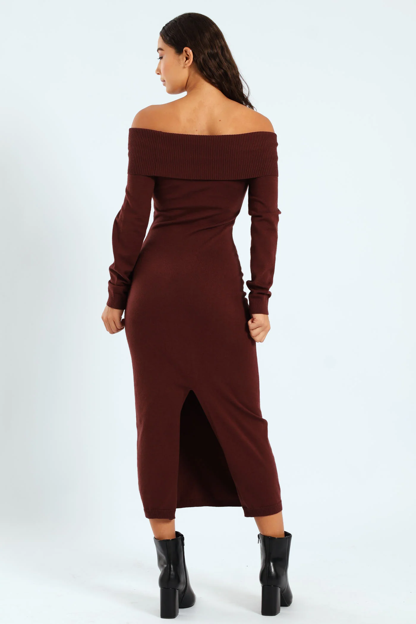 Off The Shoulder Knitwear Dress - Brown - Image 6