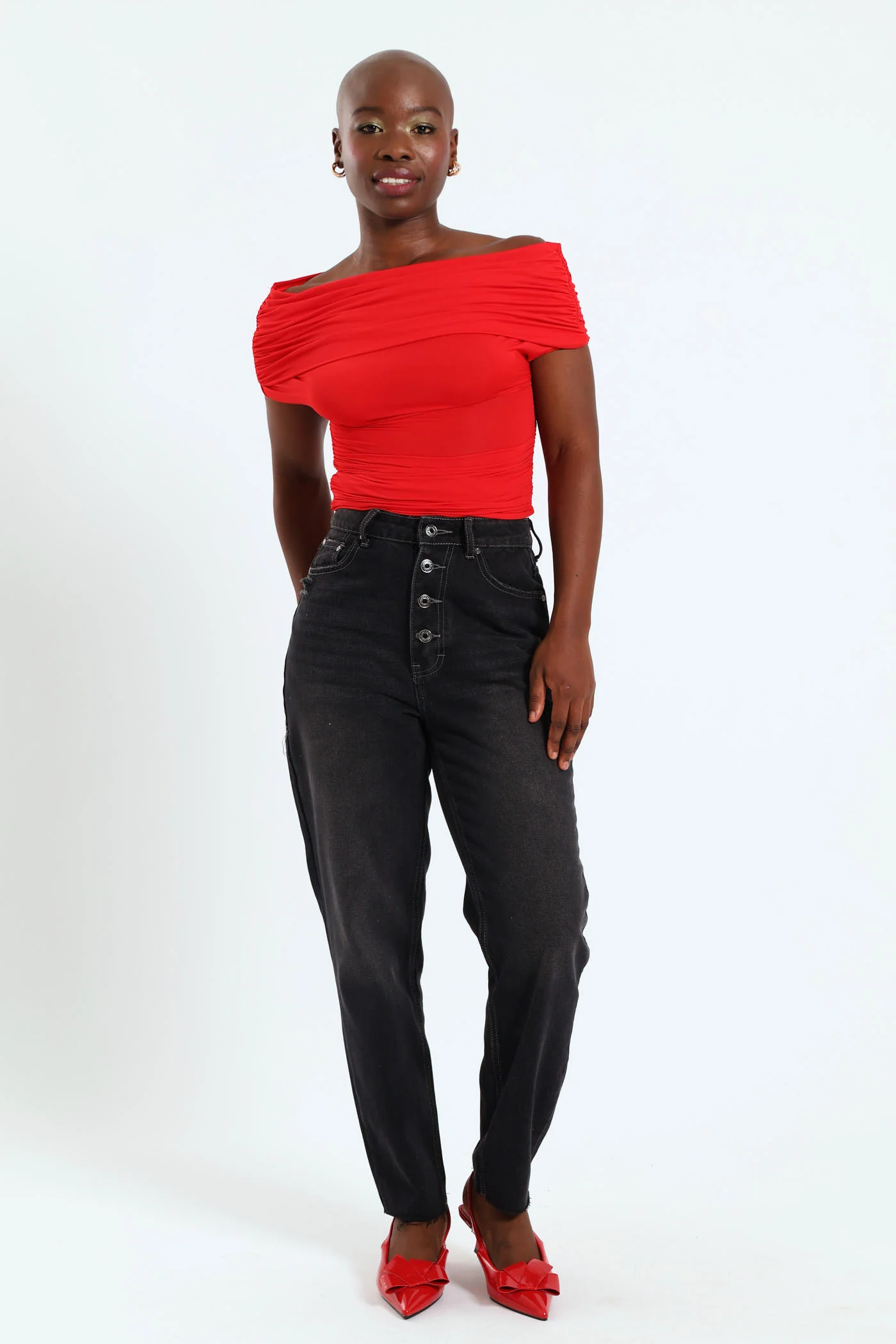Off The Shoulder Ruched Top - Red - Image 2