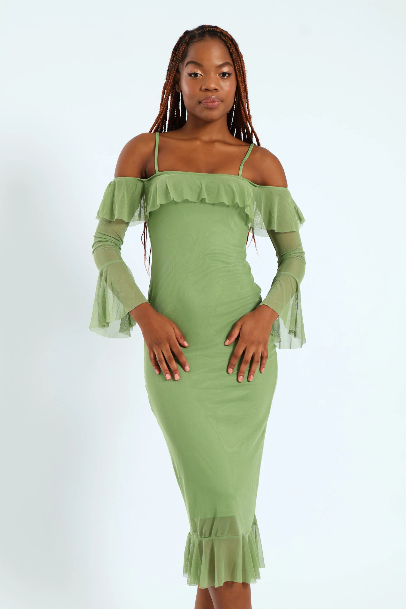 Off The Shoulder Strappy Frilly Detail Flare Hem Dress - Sage