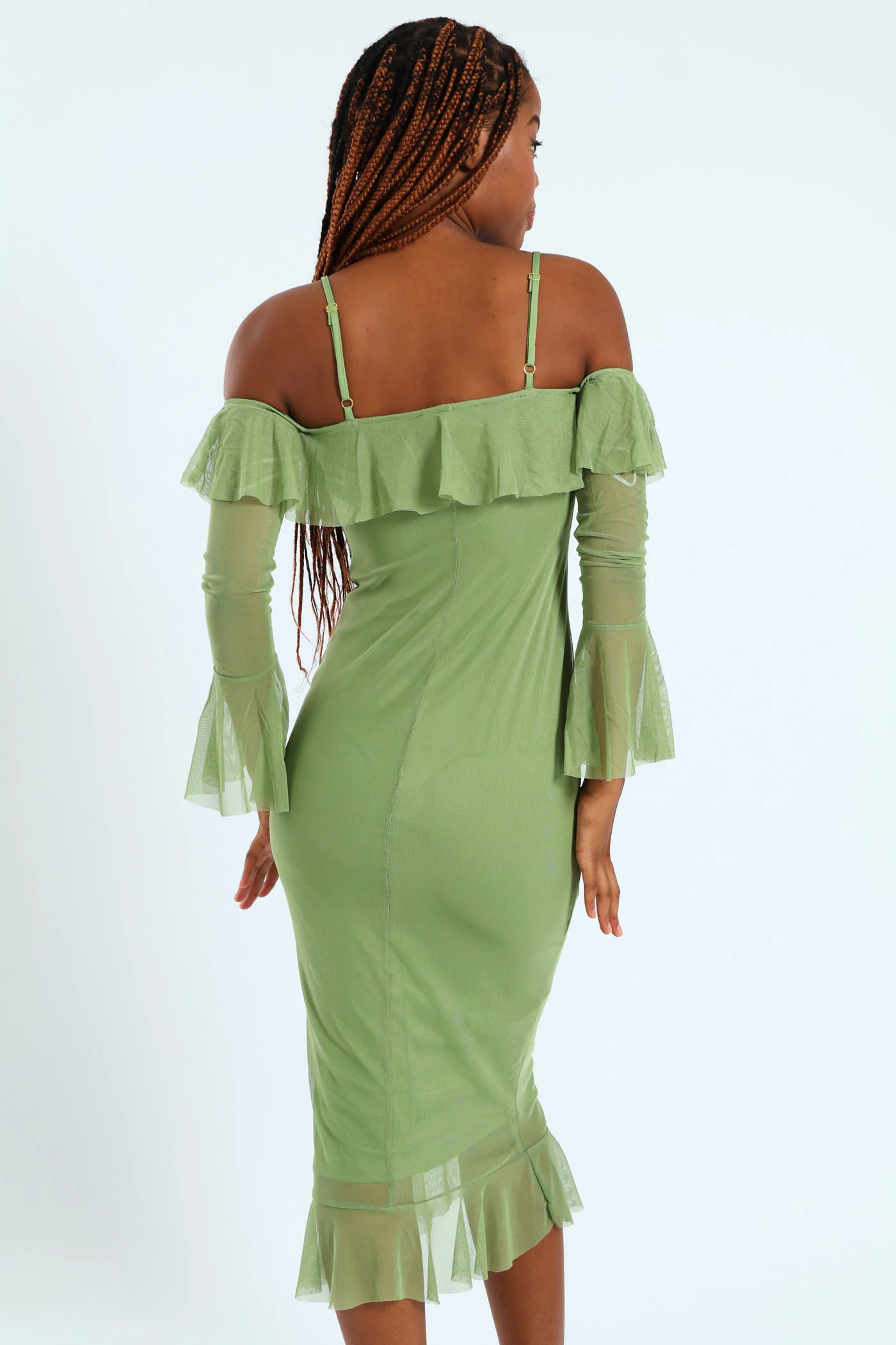 Off The Shoulder Strappy Frilly Detail Flare Hem Dress - Sage - Image 2