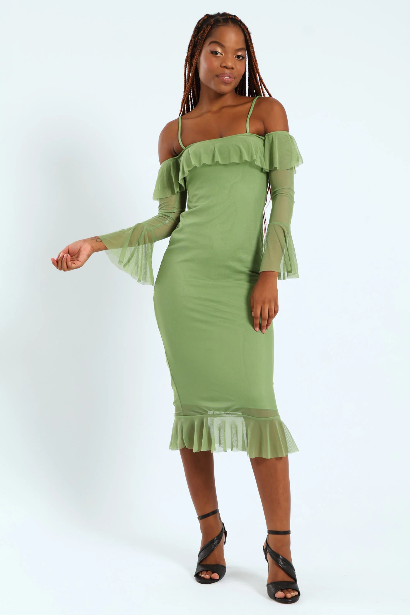Off The Shoulder Strappy Frilly Detail Flare Hem Dress - Sage - Image 3