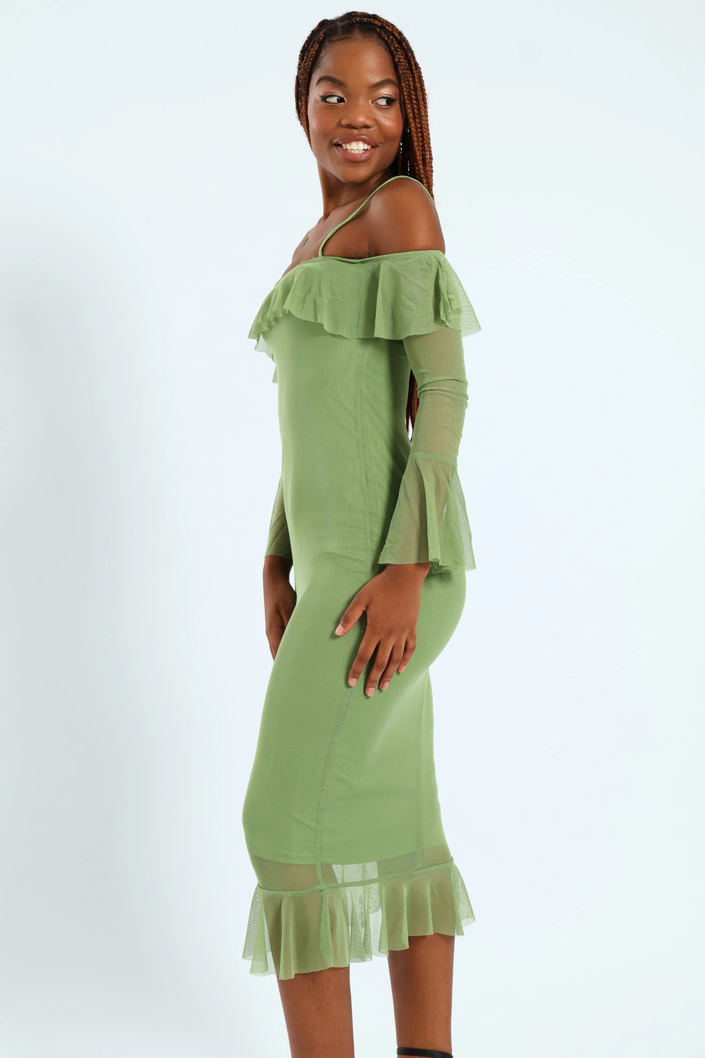 Off The Shoulder Strappy Frilly Detail Flare Hem Dress - Sage - Image 4