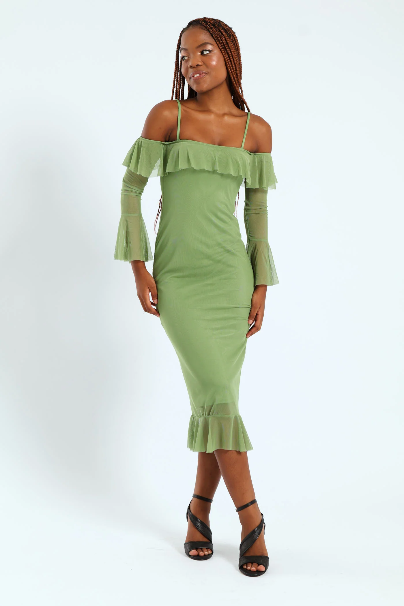 Off The Shoulder Strappy Frilly Detail Flare Hem Dress - Sage - Image 6