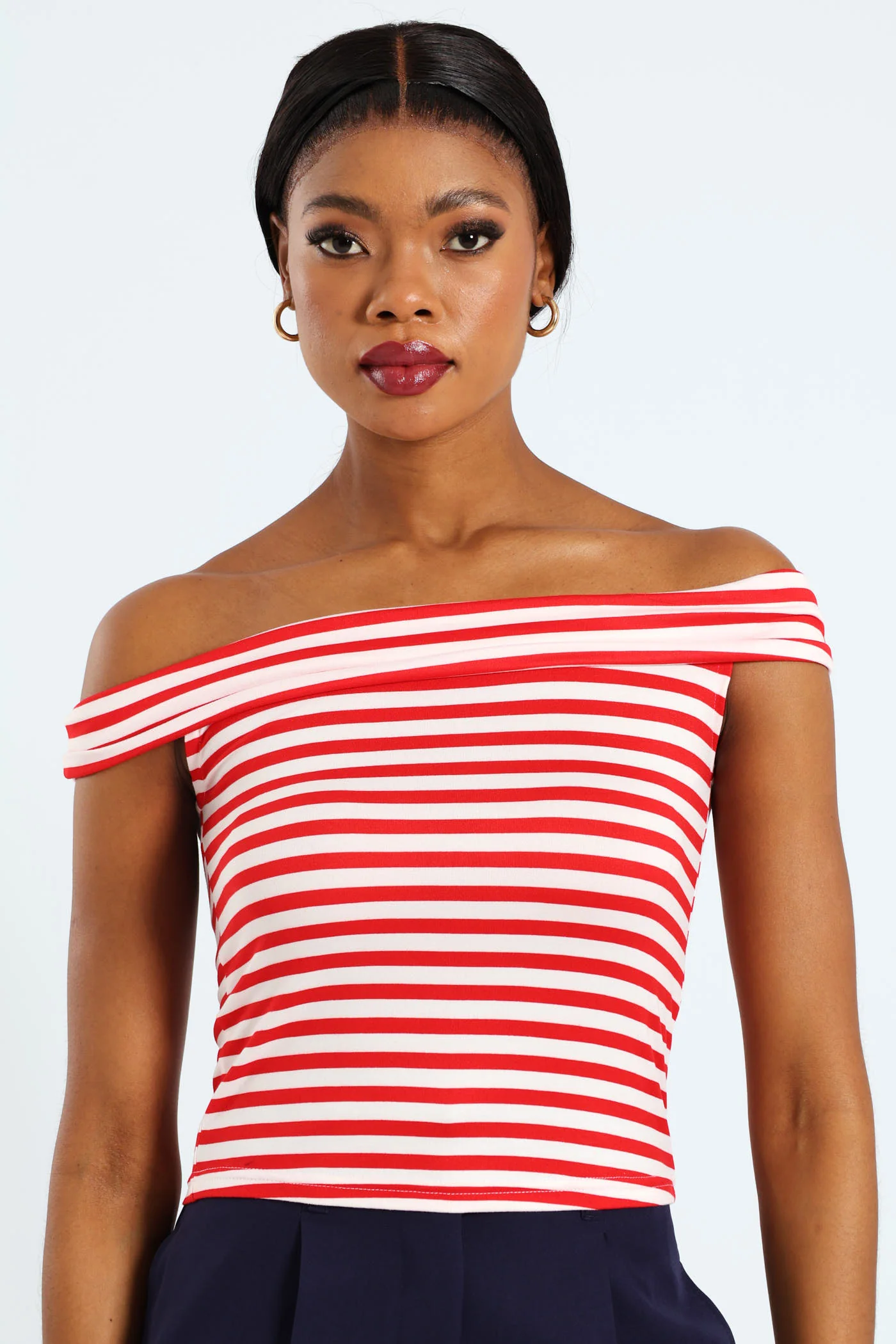 Off The Shoulder Stripe Top - White/Red