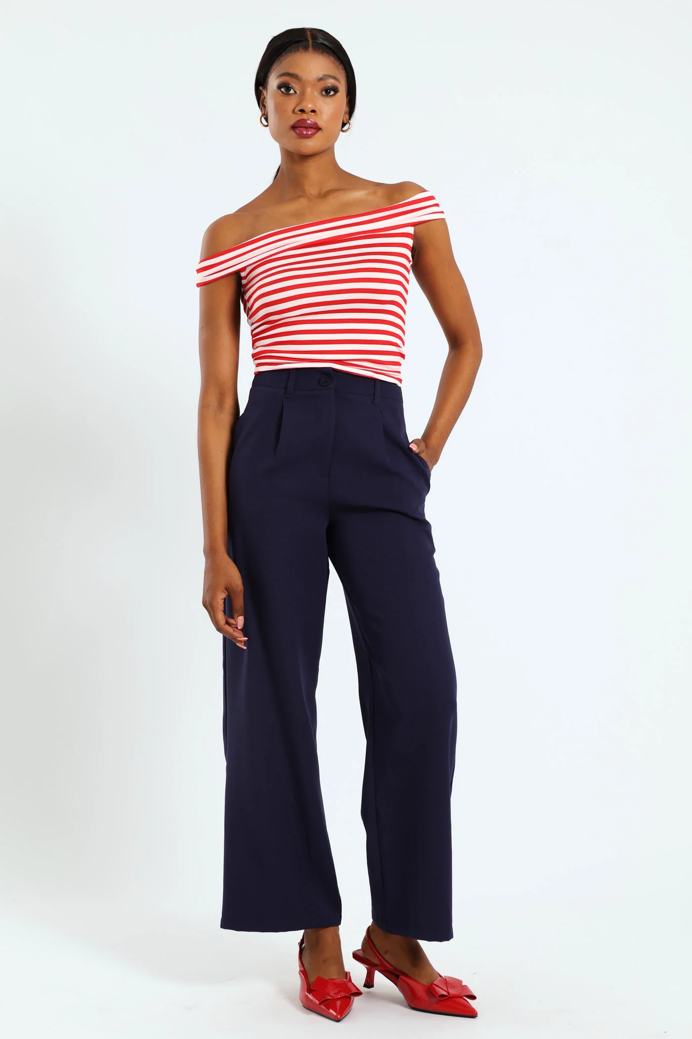 Off The Shoulder Stripe Top - White/Red - Image 2