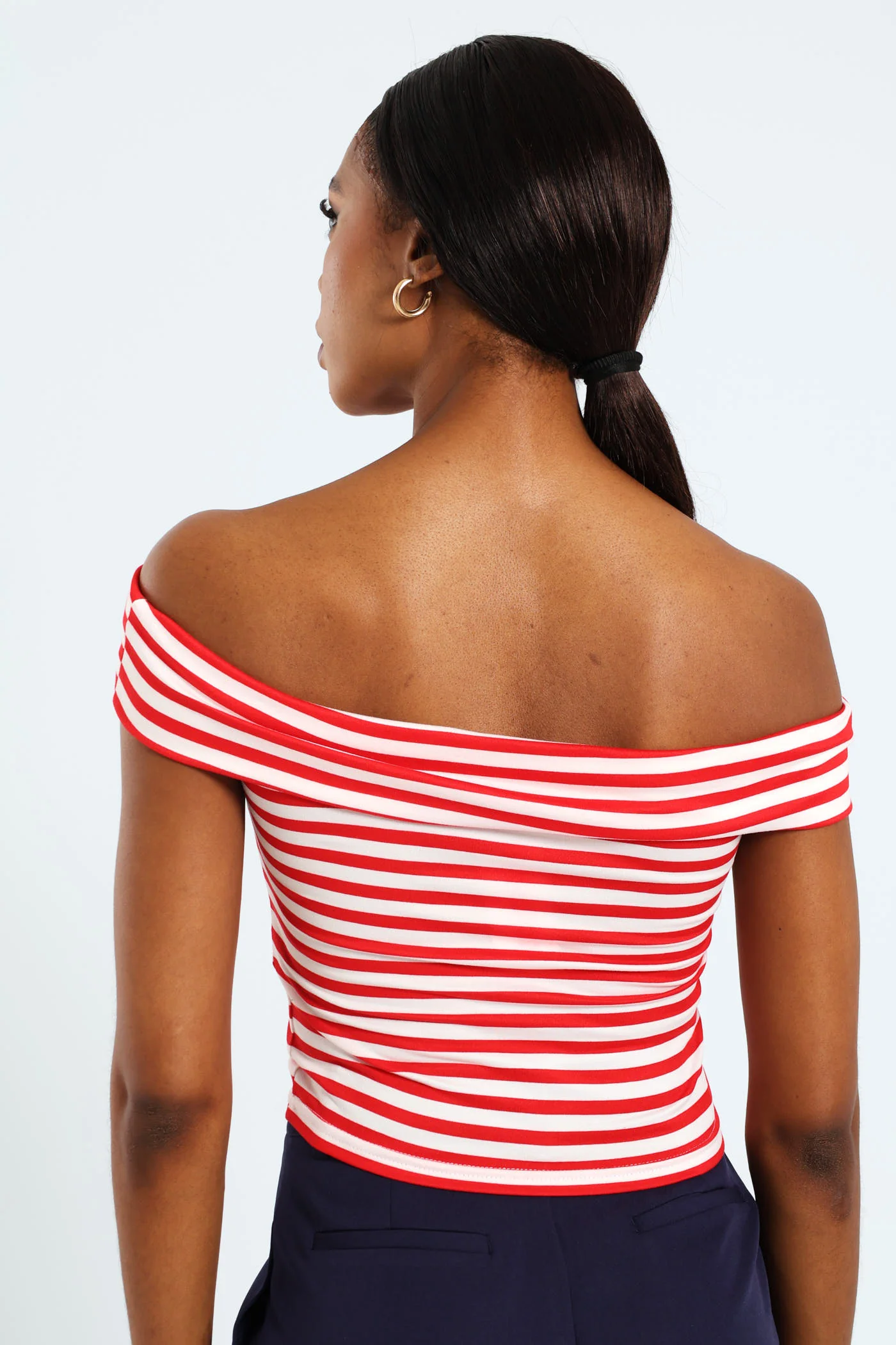 Off The Shoulder Stripe Top - White/Red - Image 5