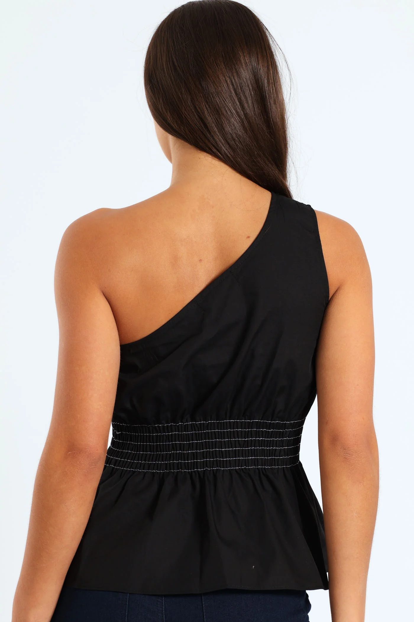 One Shoulder Contrast Sticth Shirred Waist Poplin Top - Black - Image 2