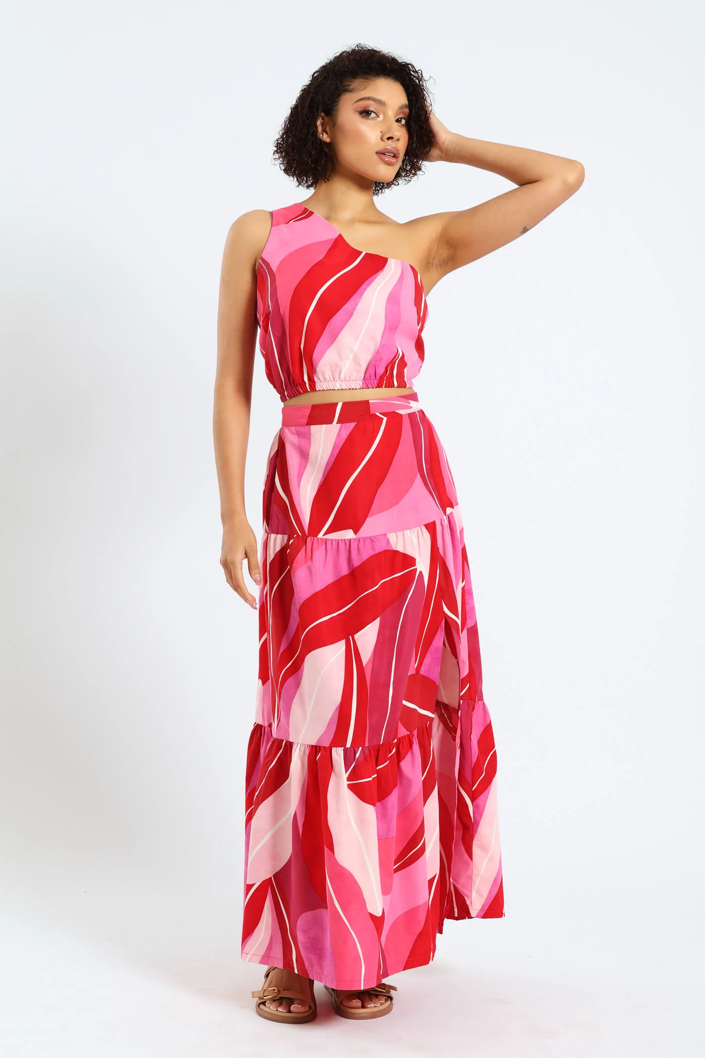 One Shoulder Printed Poplin Crop Top - Multi - Image 2