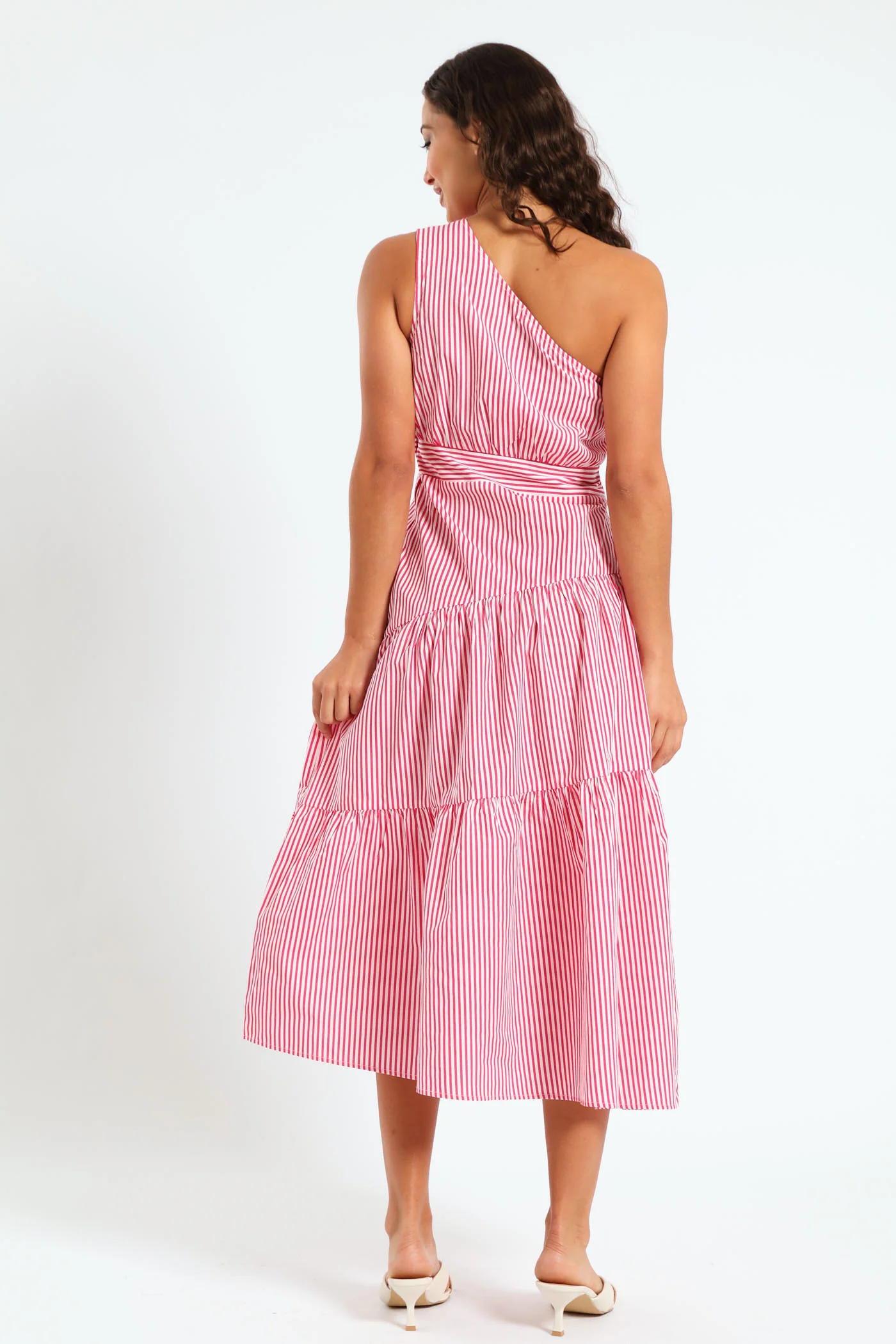 One Shoulder Stripe Poplin Dress - Pink - Image 4