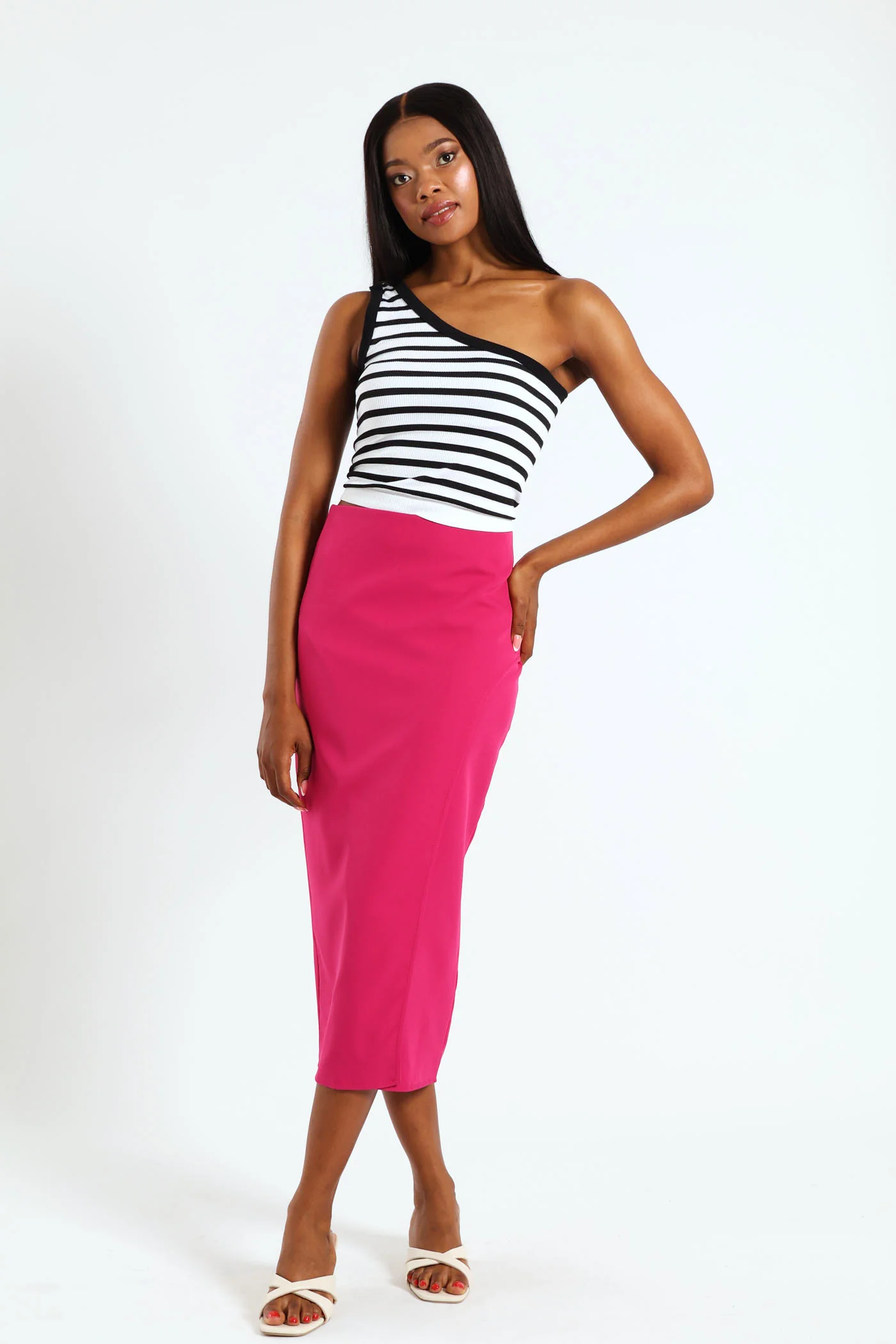 One Shoulder Stripe Seamless Top - Black/White - Image 4