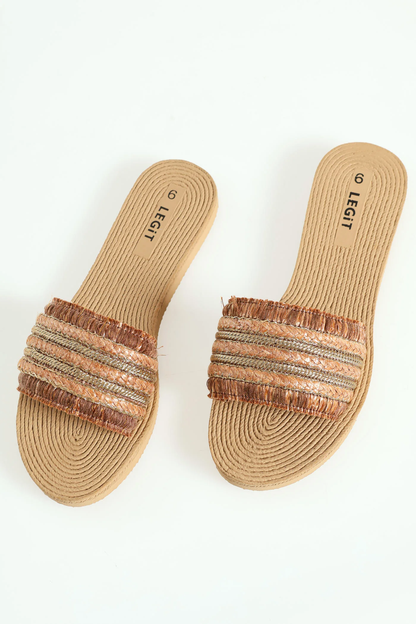 One Strap Raffia Mule Sandal With Gold Detail - Bronze